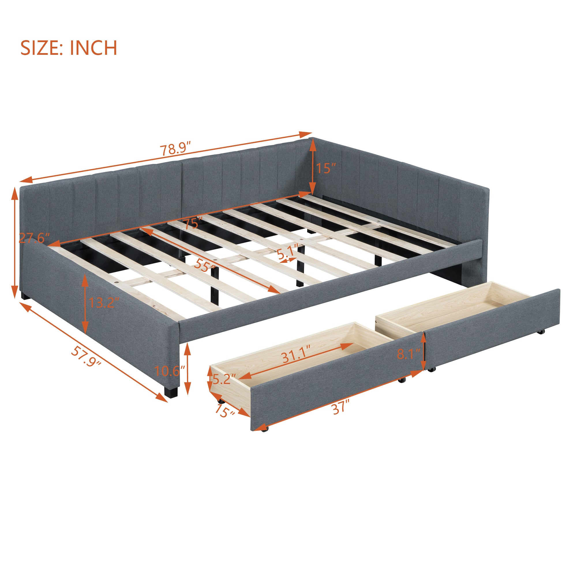Full Size Upholstered Daybed with 2 Storage Drawers Sofa Bed Frame No Box Spring Needed, Linen Fabric (Gray) - Atlantic Fine Furniture Melbourne FL