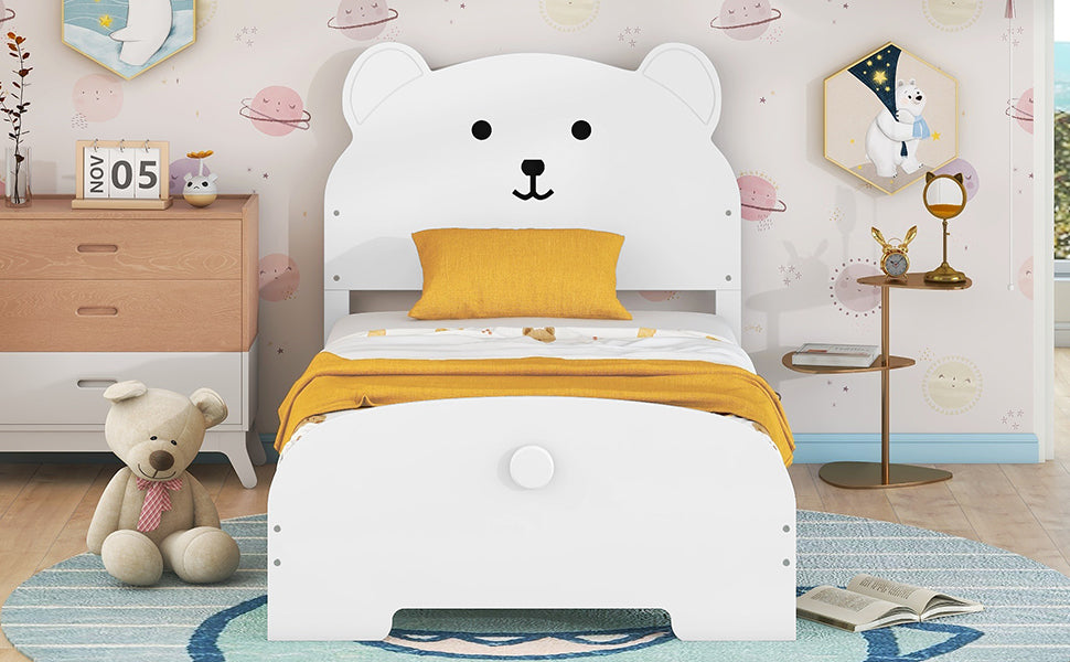 Twin Size Wood Platform Bed with Bear-shaped Headboard and Footboard,White - Atlantic Fine Furniture Melbourne FL