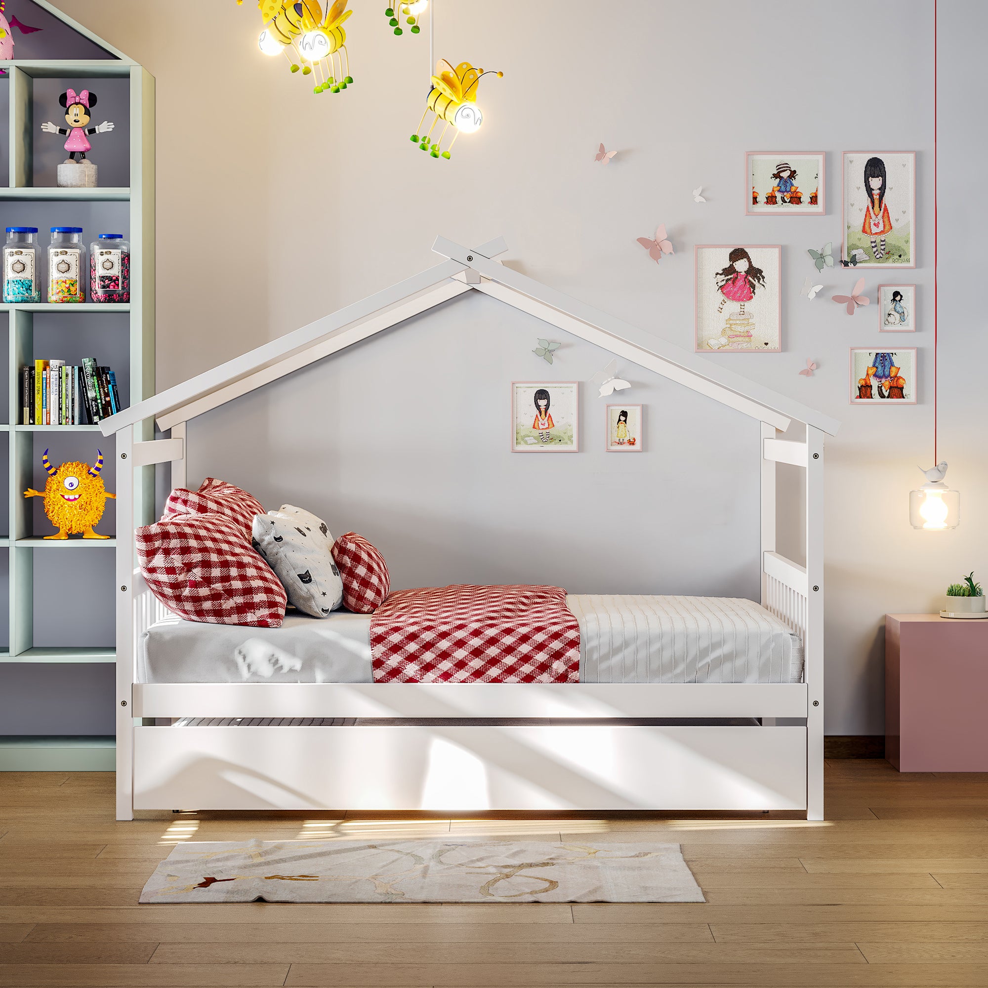 Full Size Wooden House Bed with Twin Size Trundle, White - Atlantic Fine Furniture Melbourne FL
