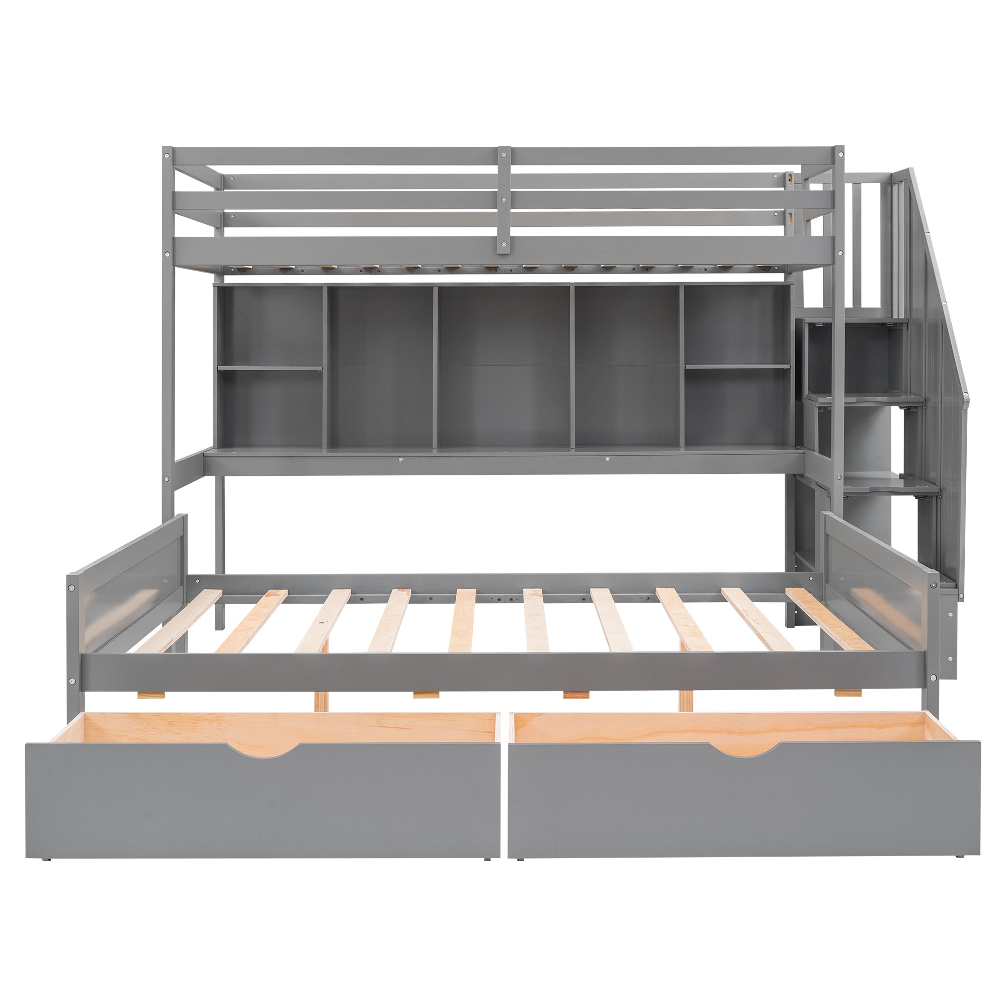 Twin XL over Full Bunk Bed with Built-in Storage Shelves, Drawers and Staircase,Gray - Atlantic Fine Furniture Melbourne FL