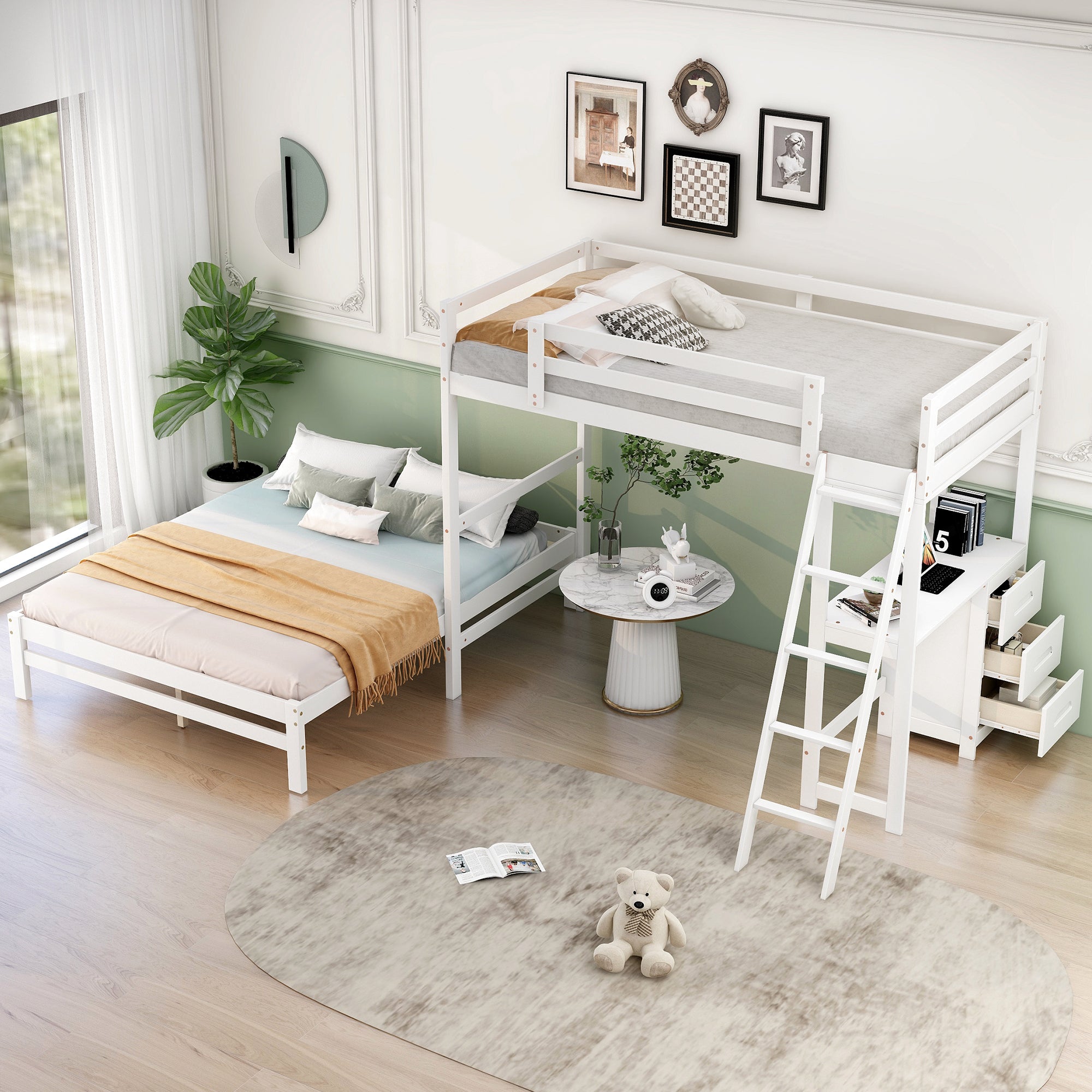 Twin over Full Bunk Bed with Built-in Desk and Three Drawers,White - Atlantic Fine Furniture Melbourne FL