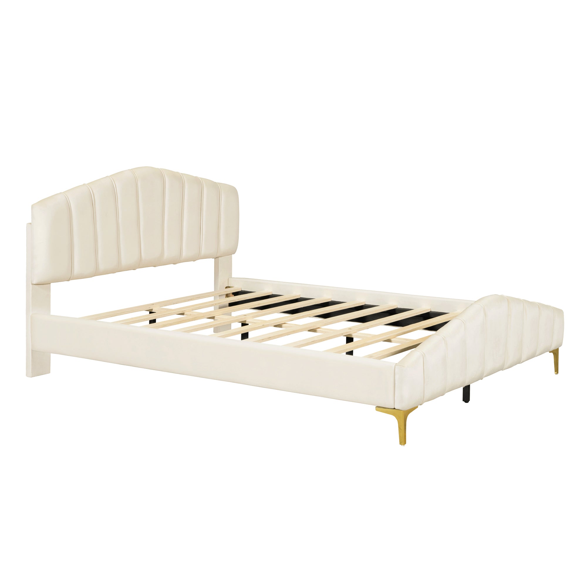 Queen Size Velvet Platform Bed with Thick Fabric, Stylish Stripe Decorated Bedboard and Elegant Metal Bed Leg, Beige - Atlantic Fine Furniture Melbourne FL