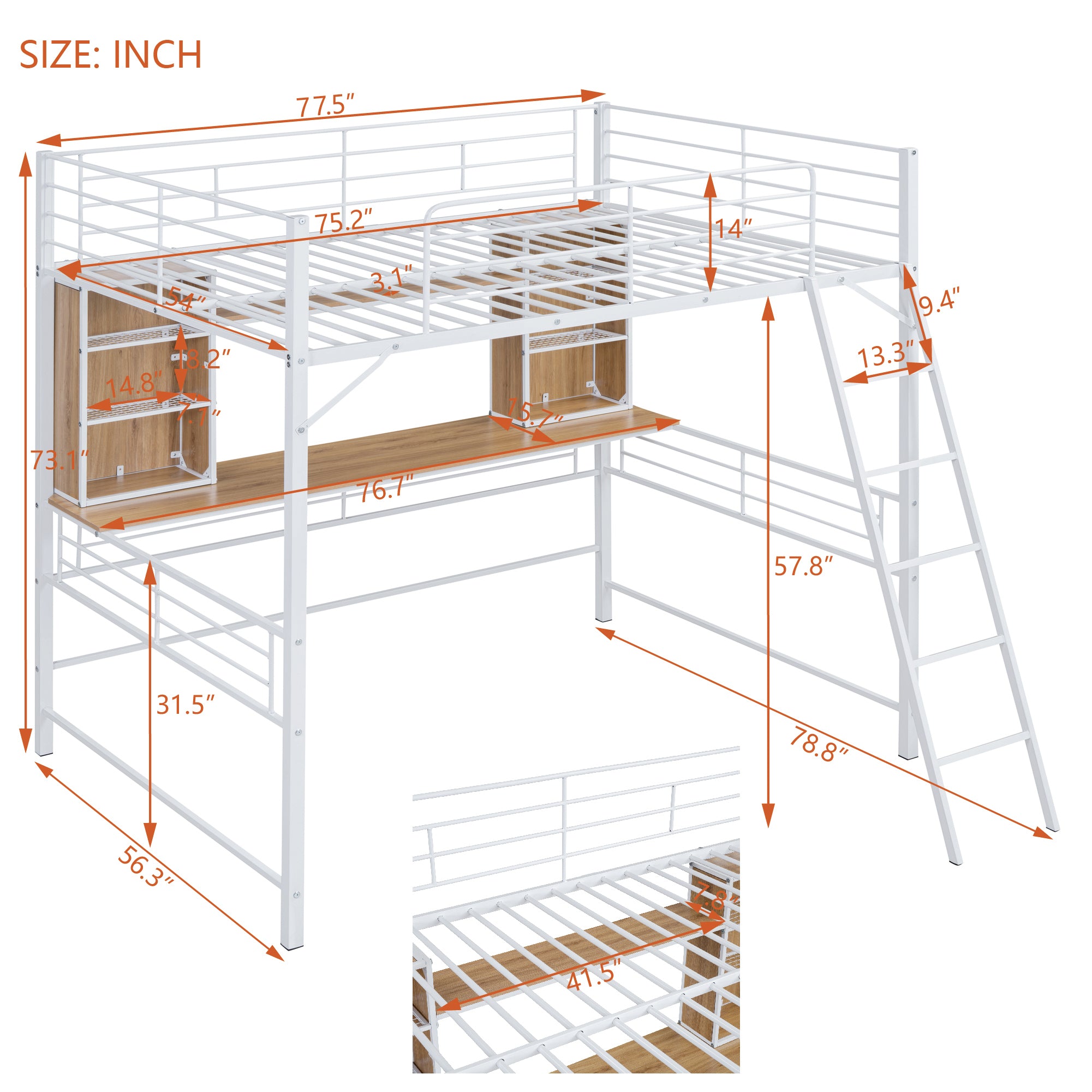 Full Size Loft Bed with Desk and Shelf, Loft Bed with Ladder,Full,White - Atlantic Fine Furniture Melbourne FL