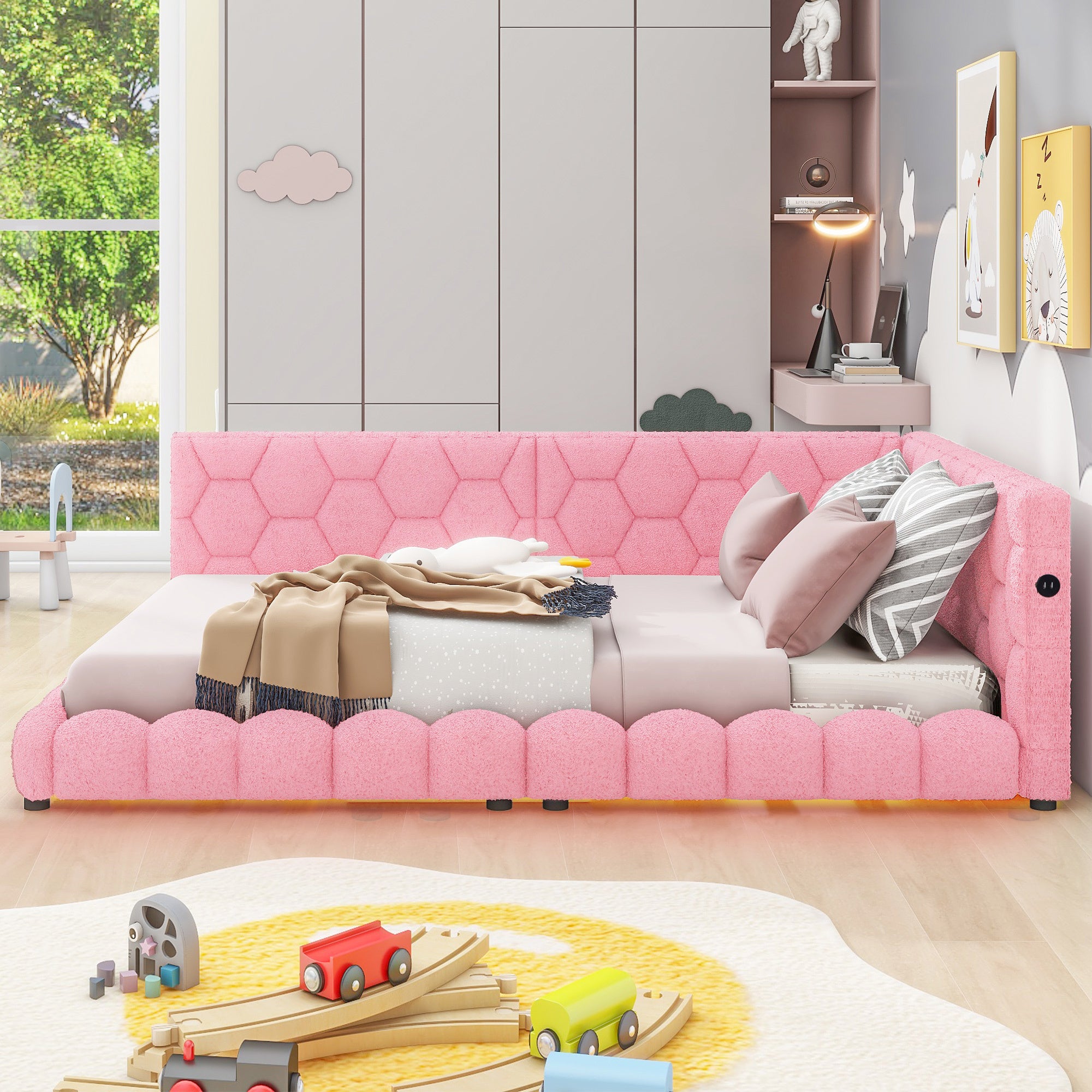 Upholstered Full Size platform bed with USB Ports and LED belt, Pink - Atlantic Fine Furniture Melbourne FL