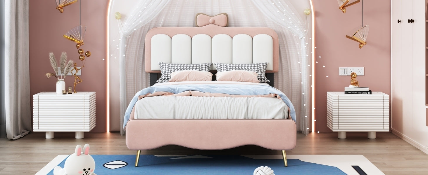Full size Velvet Princess Bed With bow-knot Headboard,Full Size Platform Bed with Headboard and Footboard,White+Pink