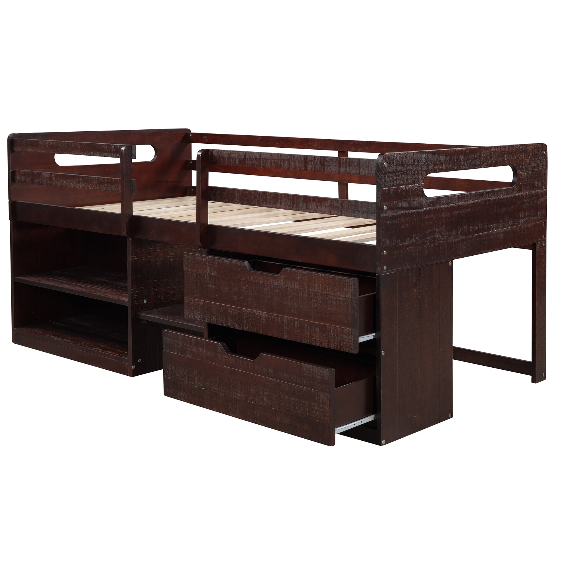 Twin size Loft Bed with Two Shelves and Two drawers (Antique Espresso) - Atlantic Fine Furniture Melbourne FL
