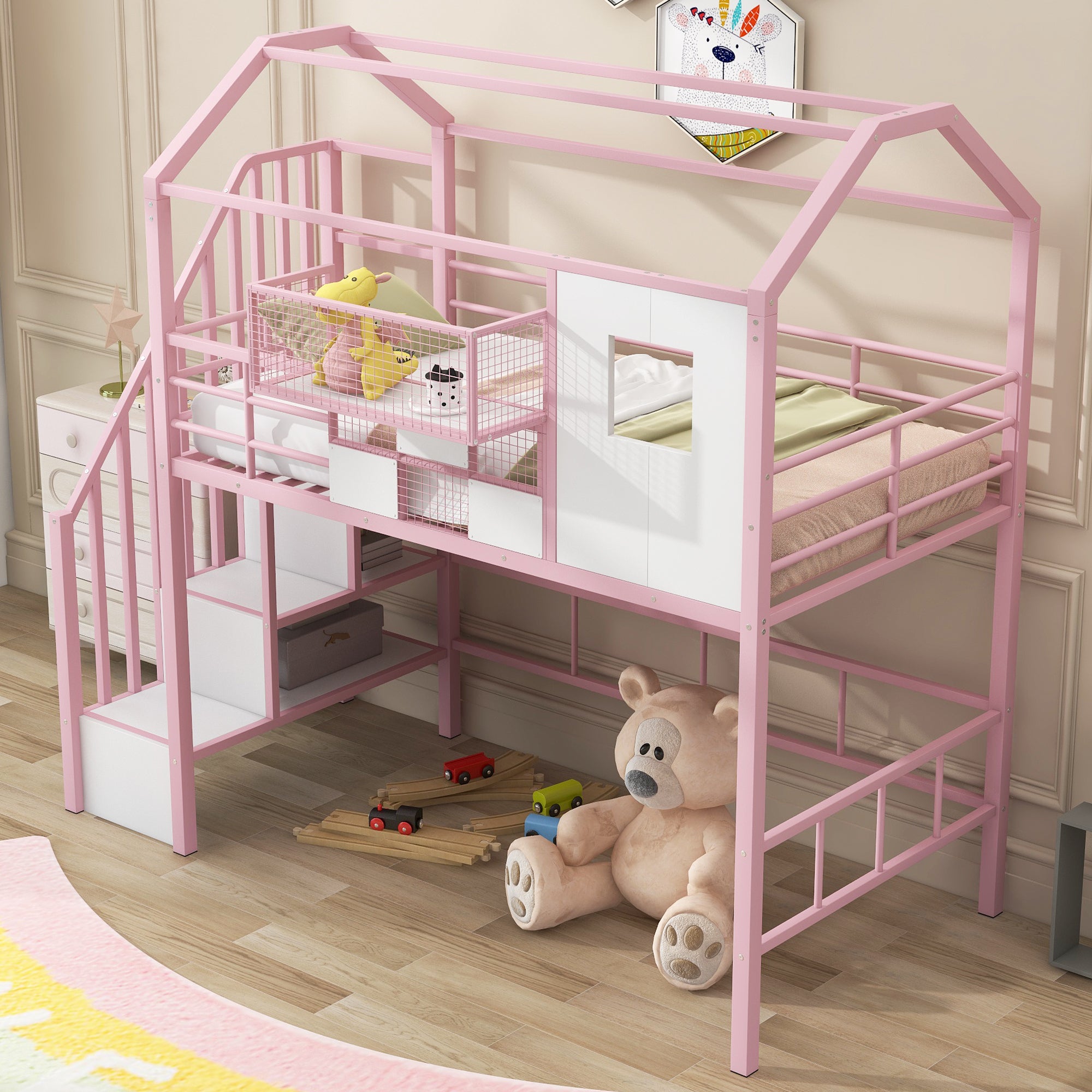 Metal Loft Bed with roof design and a storage box, Twin, Pink - Atlantic Fine Furniture Melbourne FL