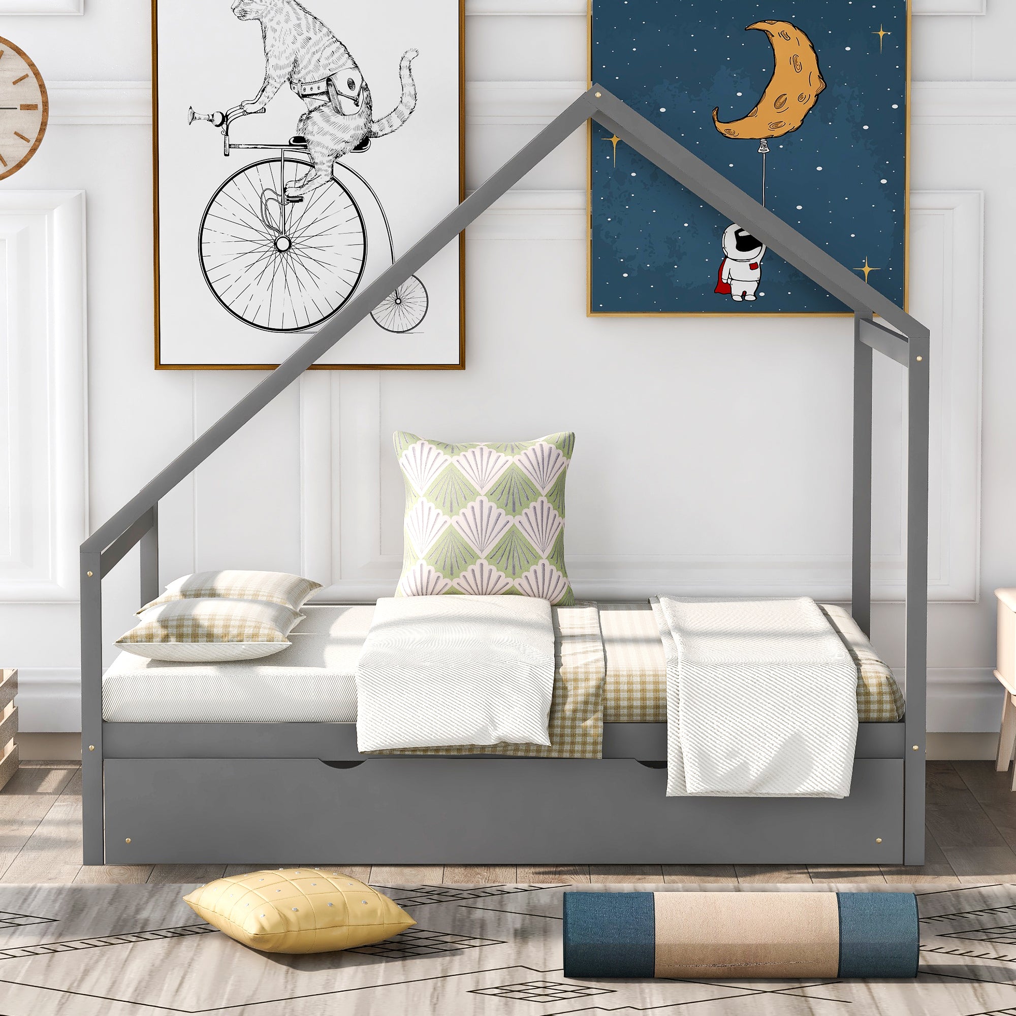 Full Size Wooden House Bed With Twin Size Trundle, GRAY - Atlantic Fine Furniture Melbourne FL