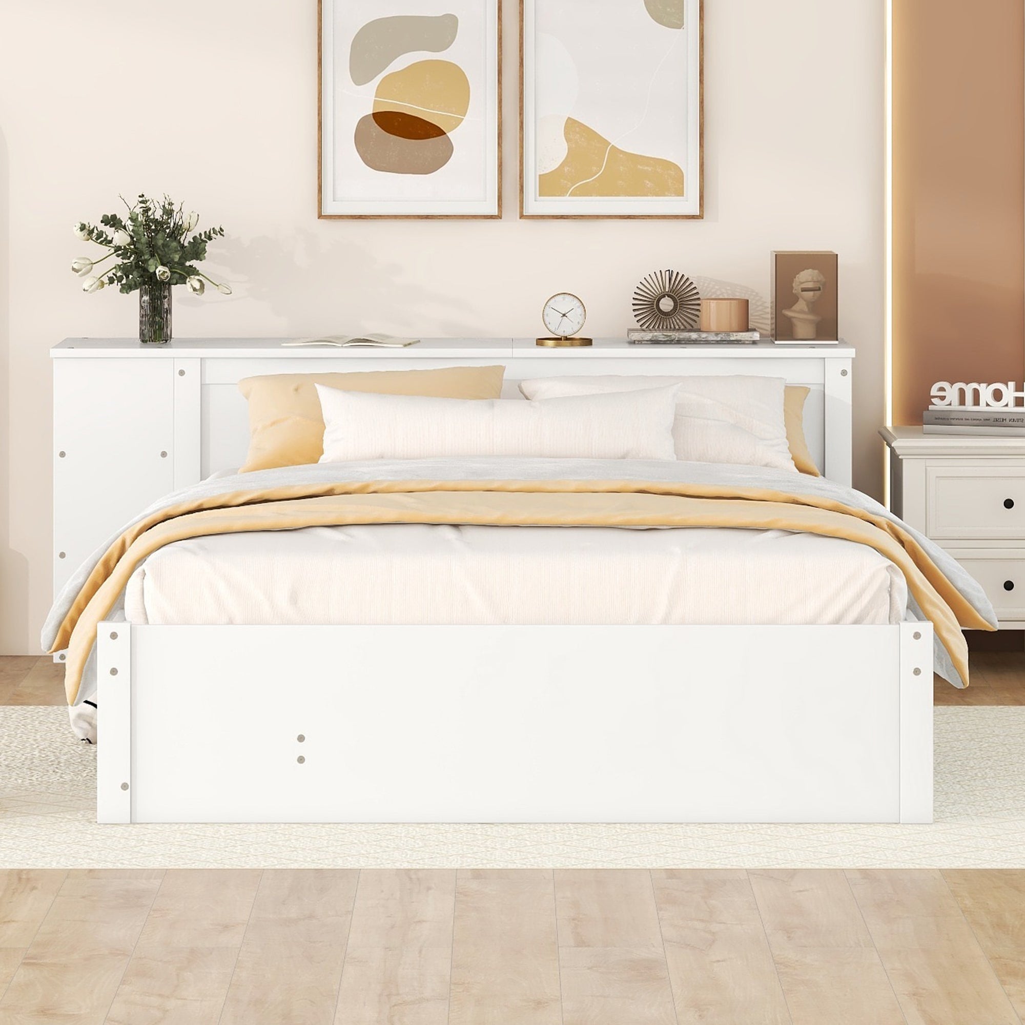 Full Size Platform Bed With a Rolling Shelf, White