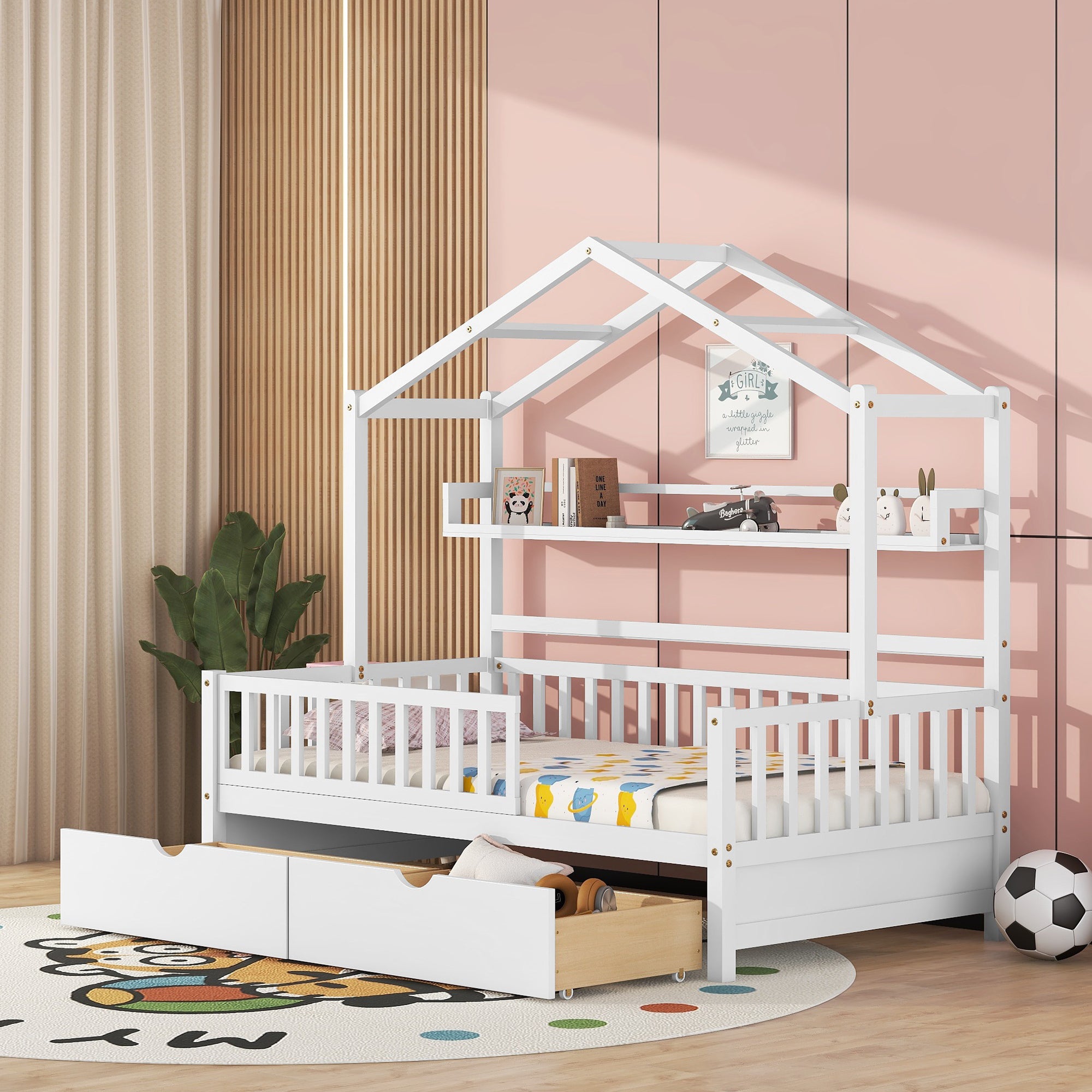 Wooden Twin Size House Bed with 2 Drawers,Kids Bed with Storage Shelf, White - Atlantic Fine Furniture Melbourne FL