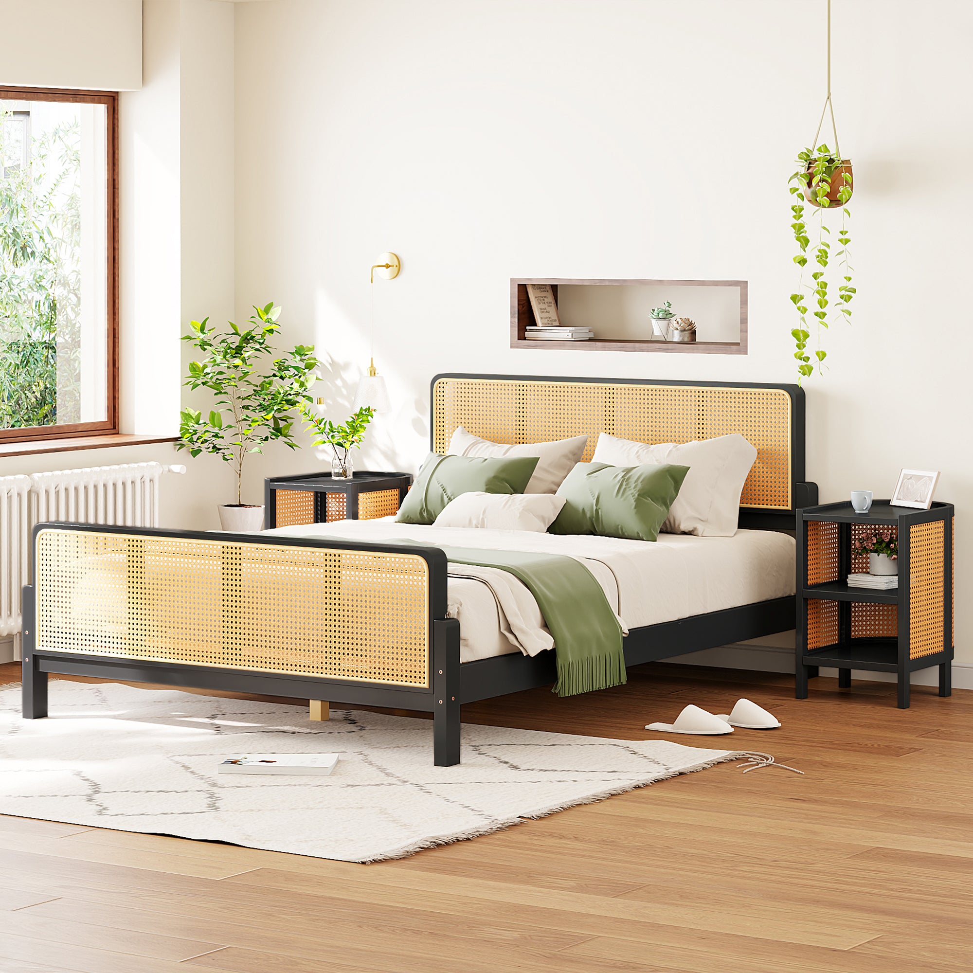 3 Pieces Rattan Platform Full Size Bed With 2 Nightstands,Espresso - Atlantic Fine Furniture Melbourne FL