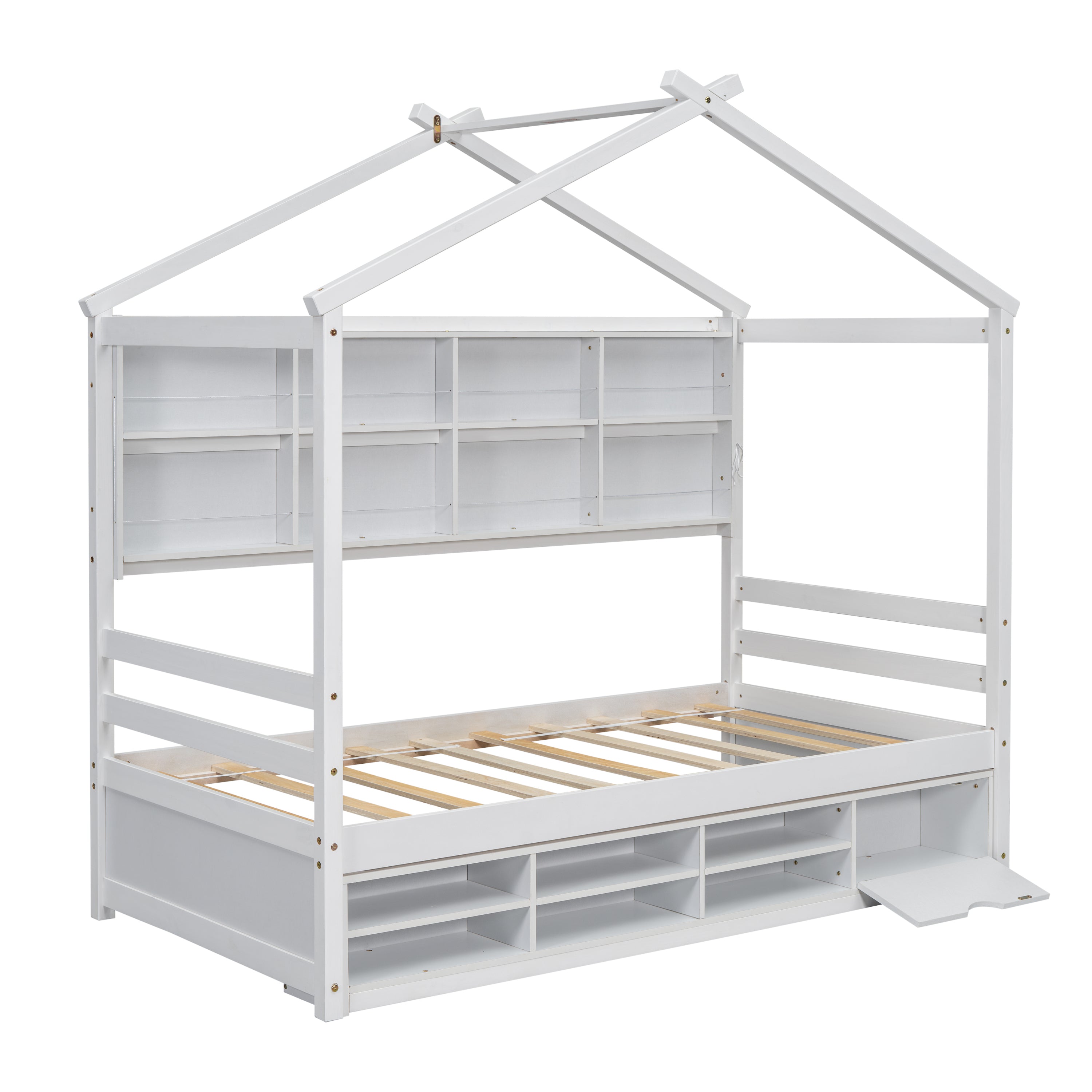 Twin House Bed with Roof Frame, Bedside-shelves, Under Bed Storage Unit,White - Atlantic Fine Furniture Melbourne FL