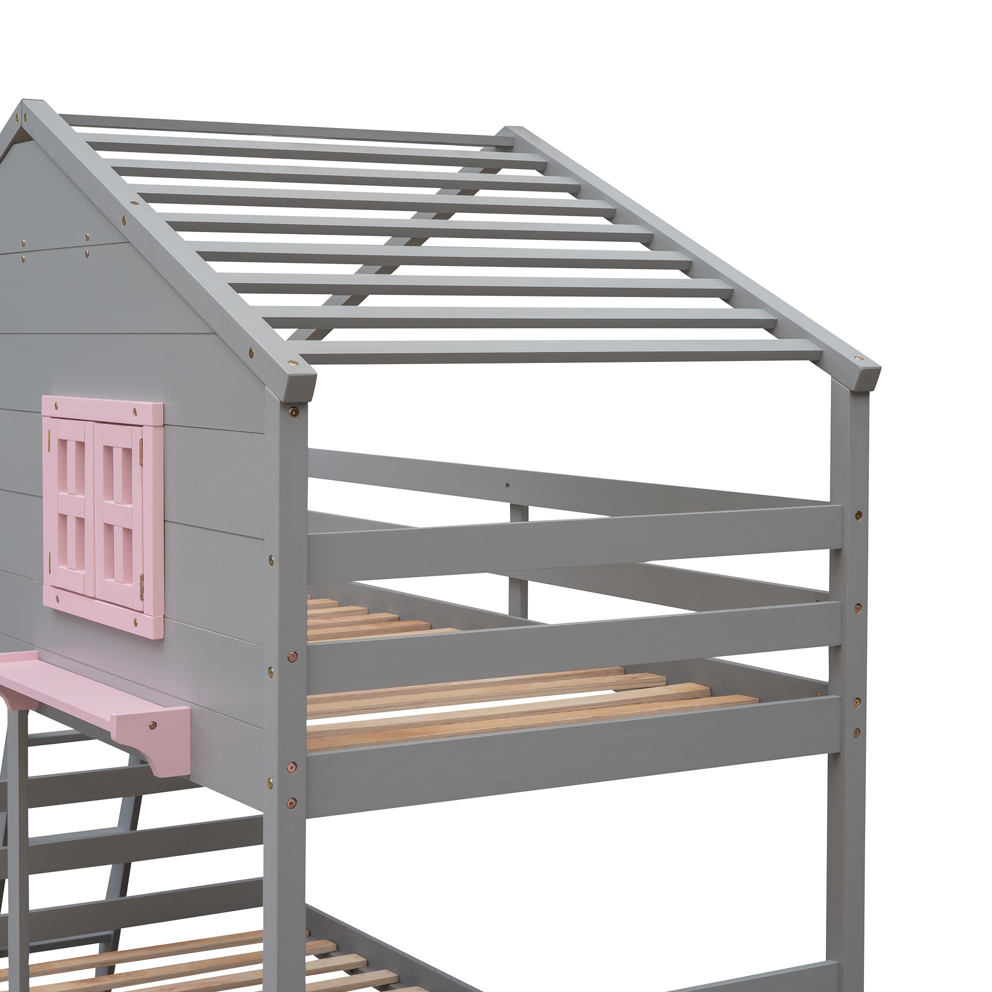 Twin over Twin Bunk Bed with 2 Drawers, 1 Storage Box, 1 Shelf, Window and Roof-Gray(OLD SKU:LT000608AAE) - Atlantic Fine Furniture Melbourne FL
