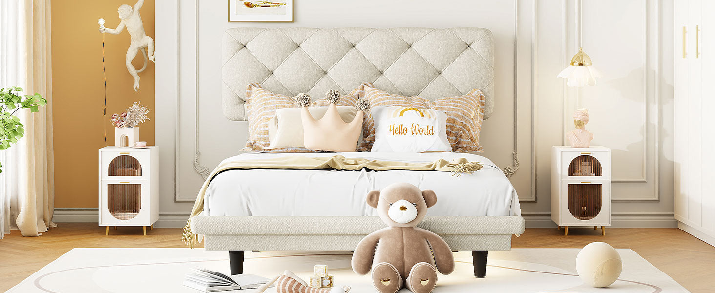 Twin Size Upholstered Bed with Light Stripe, Floating Platform Bed, Linen Fabric,Beige - Atlantic Fine Furniture Melbourne FL