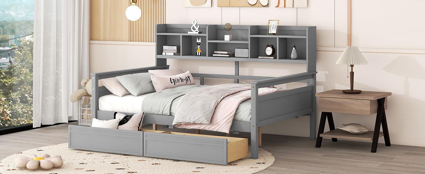 Full size Daybed, Wood Slat Support, with Bedside Shelf and Two Drawers, Gray - Atlantic Fine Furniture Melbourne FL
