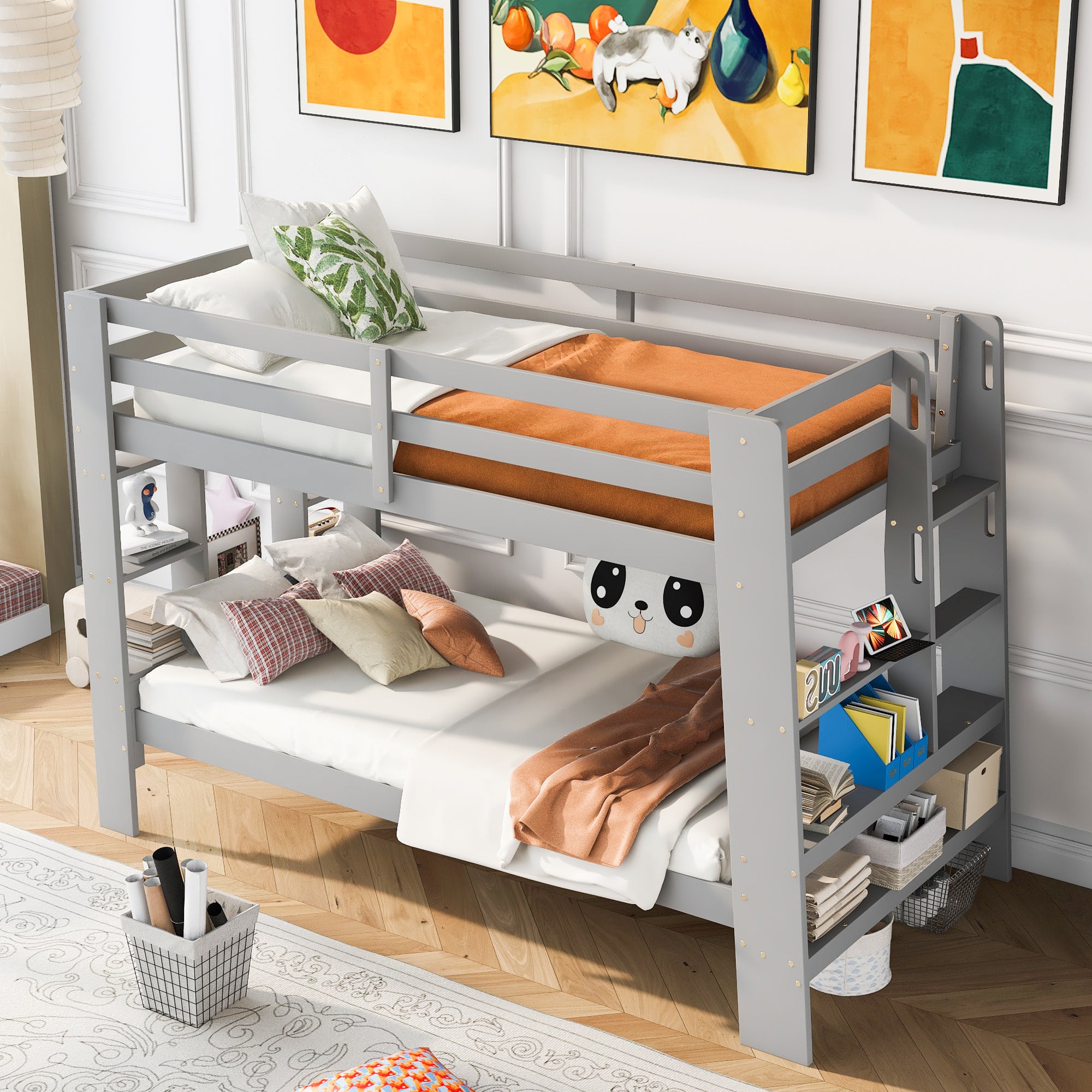 Twin over Twin Bunk Bed with Shelves and Built-in Ladder, Gray - Atlantic Fine Furniture Melbourne FL
