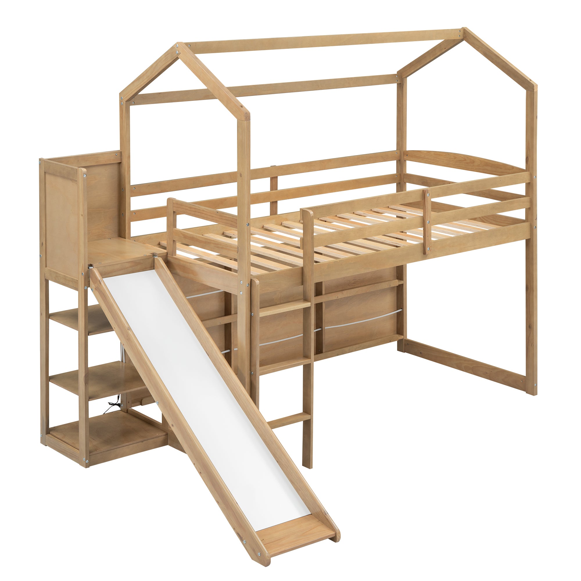 Twin Size Wood House Loft bed with Slide, Storage shelves and Light, Climbing Ramp, Wood Color - Atlantic Fine Furniture Melbourne FL