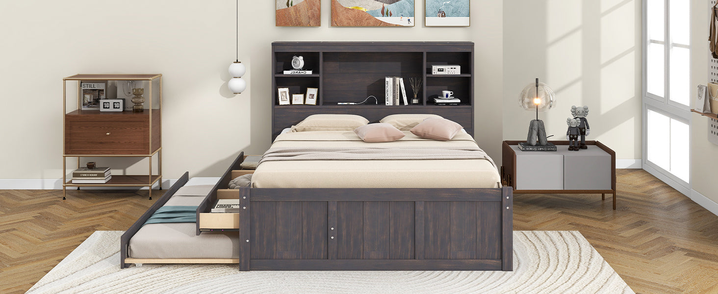 Full Size Platform Bed with Storage Headboard, Charging Station, Twin Size Trundle and 3 Drawers, Antique Brown