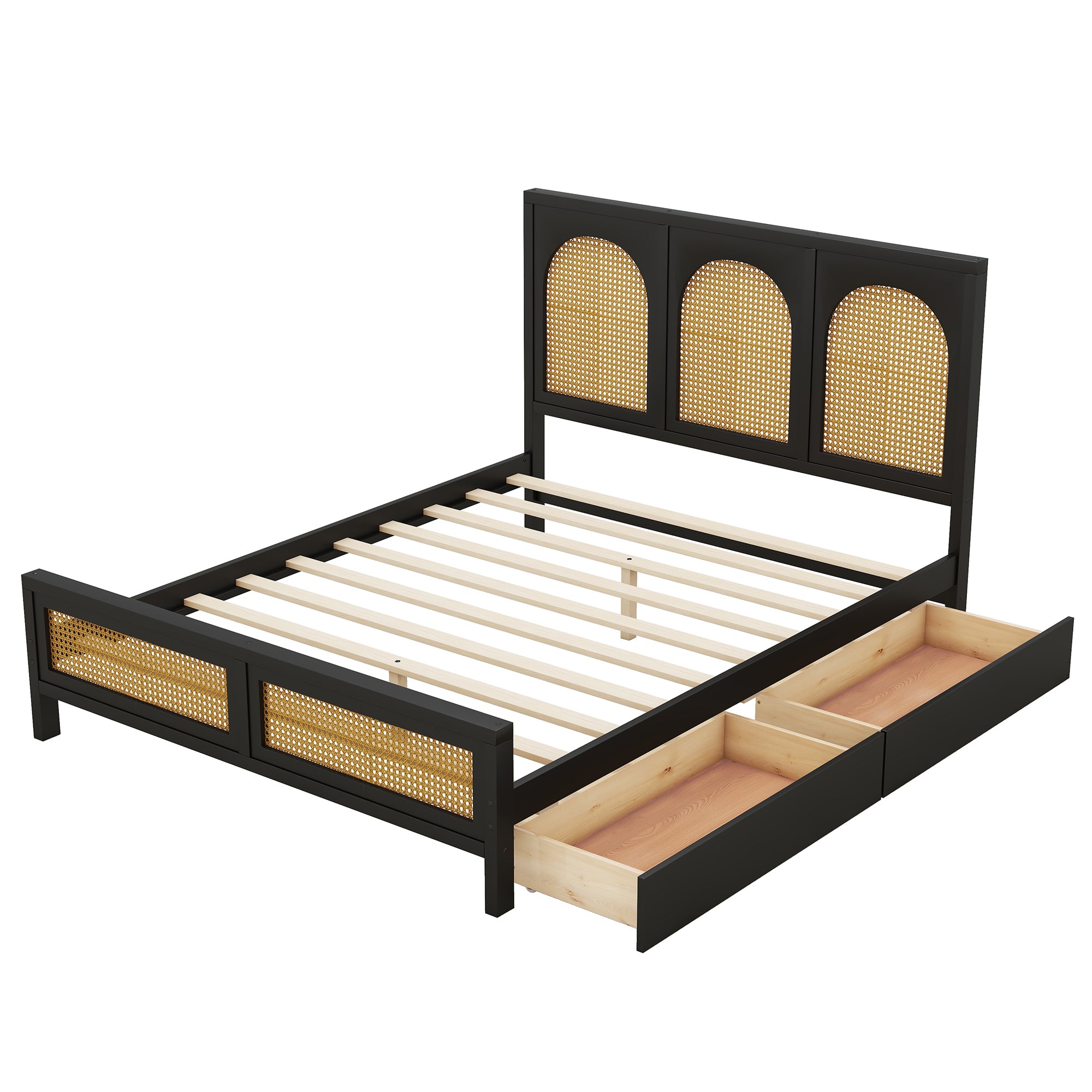 Full Size Wood Storage Platform Bed with 2 Drawers, Rattan Headboard and Footboard, Black - Atlantic Fine Furniture Melbourne FL