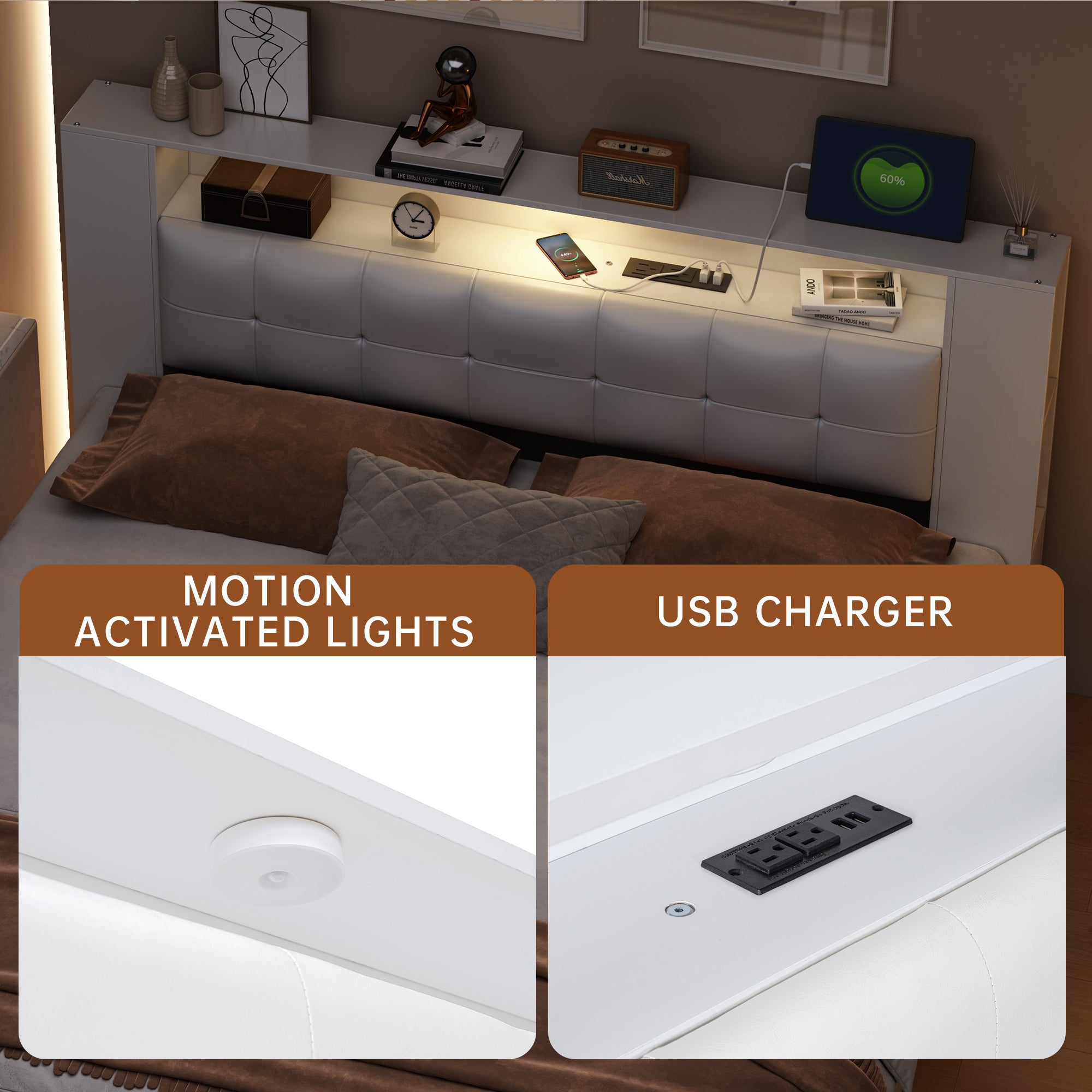 Queen Size Tufted Upholstered Platform Bed with Storage Headboard and Hydraulic Storage System, Modern PU Storage Bed with Motion Activated Night Lights and USB Charger,White
