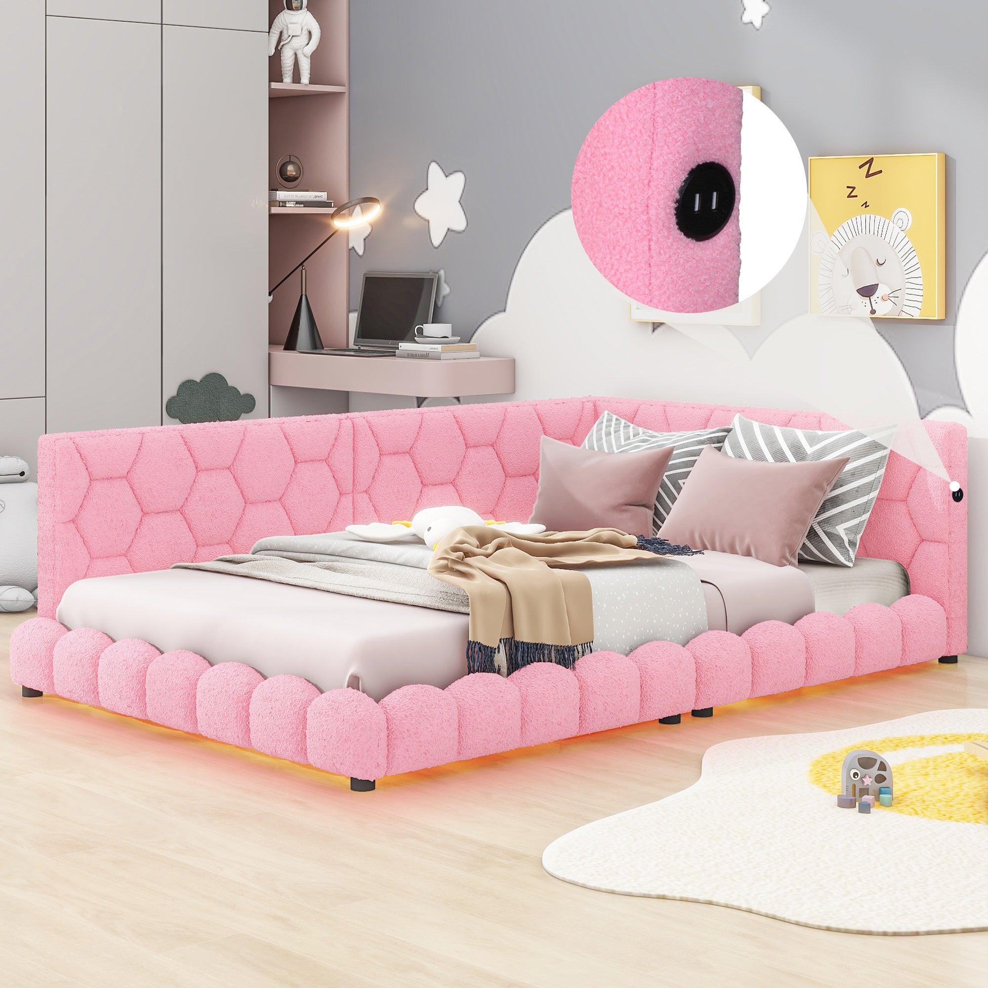 Upholstered Full Size platform bed with USB Ports and LED belt, Pink - Atlantic Fine Furniture Melbourne FL