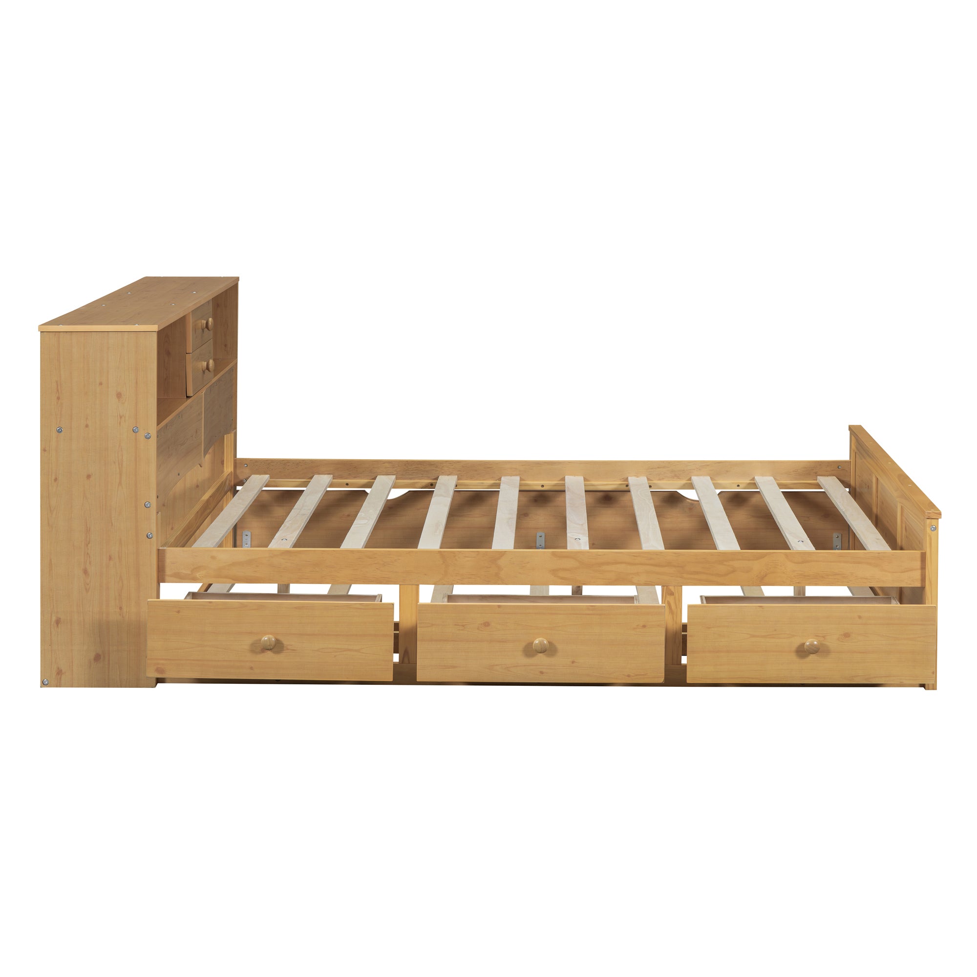 Full Size Wood Pltaform Bed with Twin Size Trundle, 3 Drawers, Upper Shelves and a set of USB Ports & Sockets, Natural - Atlantic Fine Furniture Melbourne FL