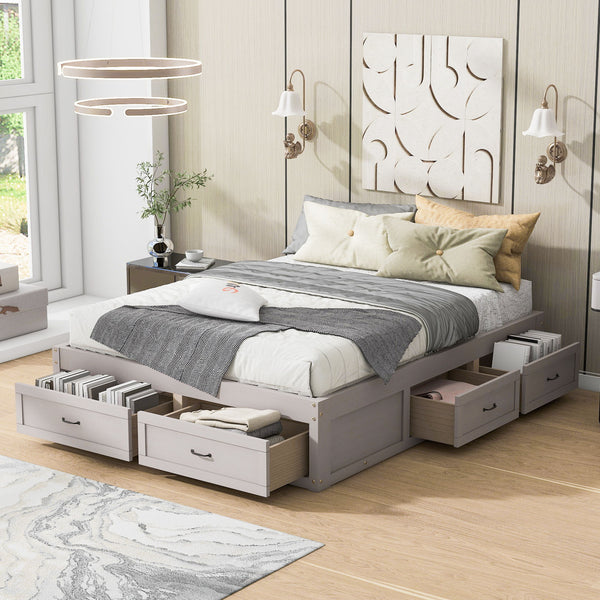Queen Size Platform Bed With 6 Storage Drawers, Antique White