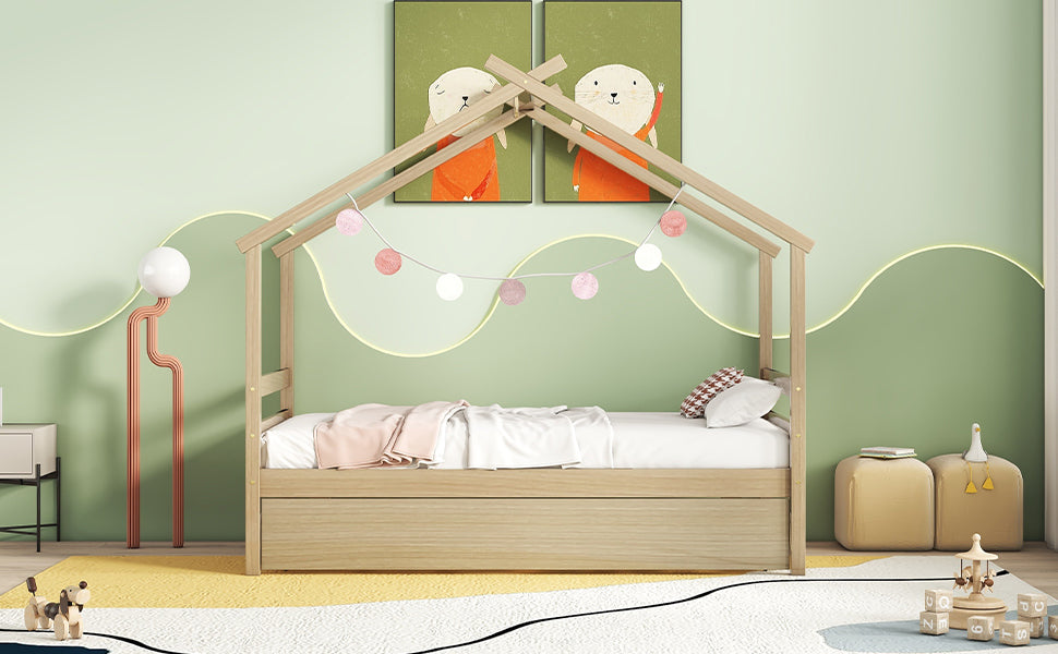 Twin Size House-shaped Bed with Trundle,Natural