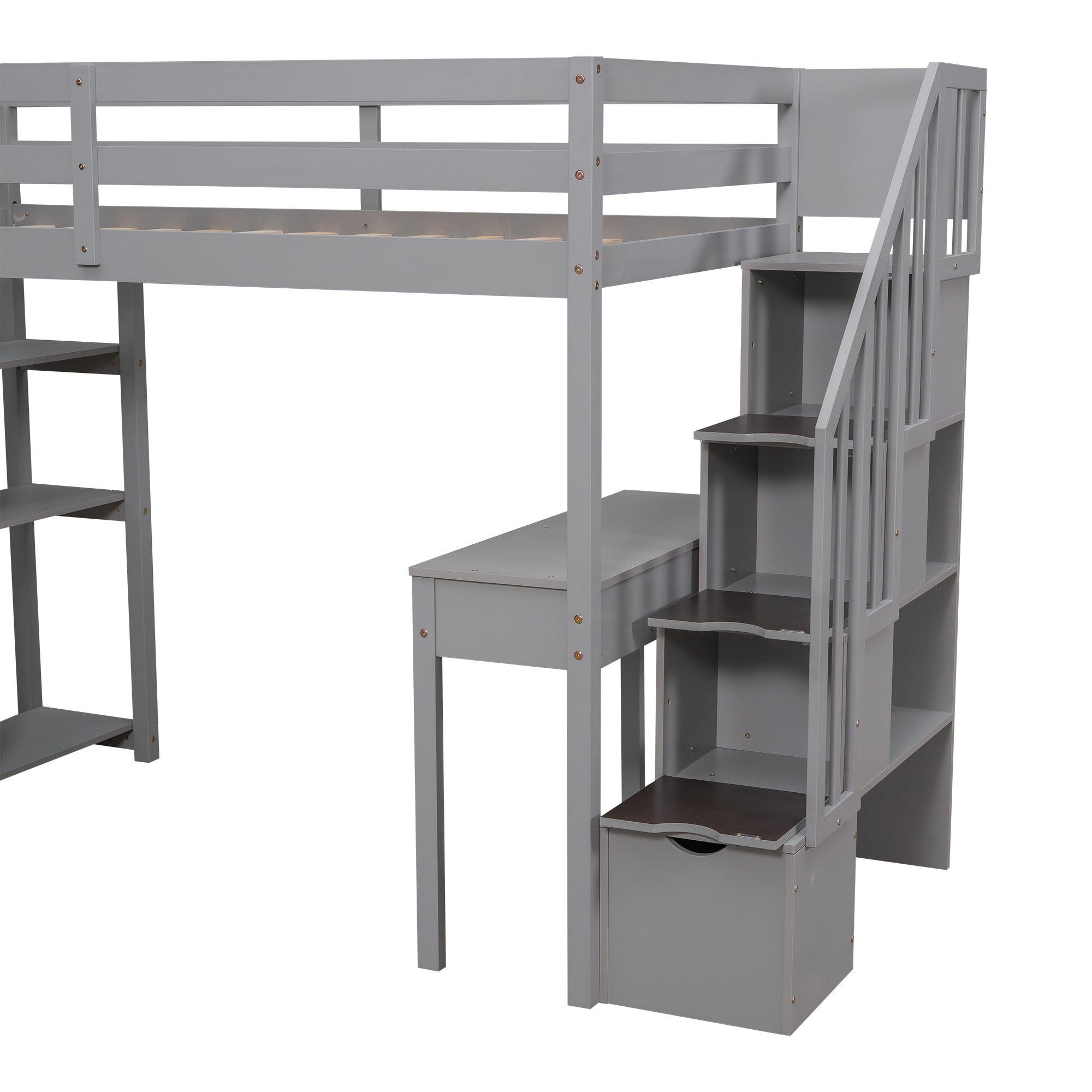 Twin size Loft Bed with Storage Drawers ,Desk and Stairs, Wooden Loft Bed with Shelves - Gray - Atlantic Fine Furniture Melbourne FL