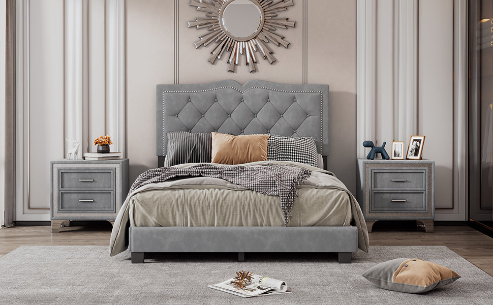 Full Size Upholstered Bed Frame with Rivet Design, Modern Velvet Platform Bed with Tufted Headboard,Gray - Atlantic Fine Furniture Melbourne FL