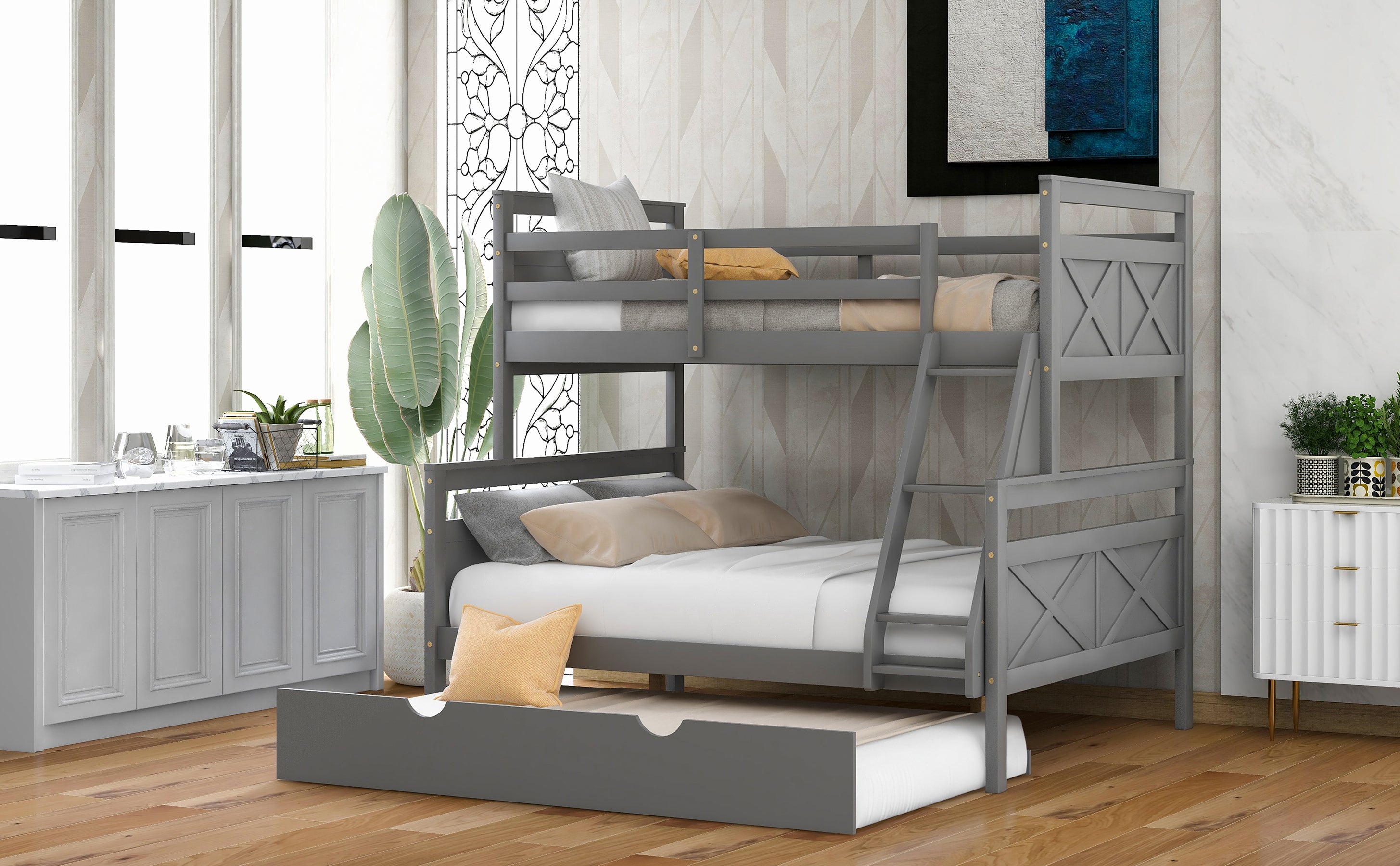 Twin over Full Bunk Bed with Ladder, Twin Size Trundle, Safety Guardrail, Gray - Atlantic Fine Furniture Melbourne FL