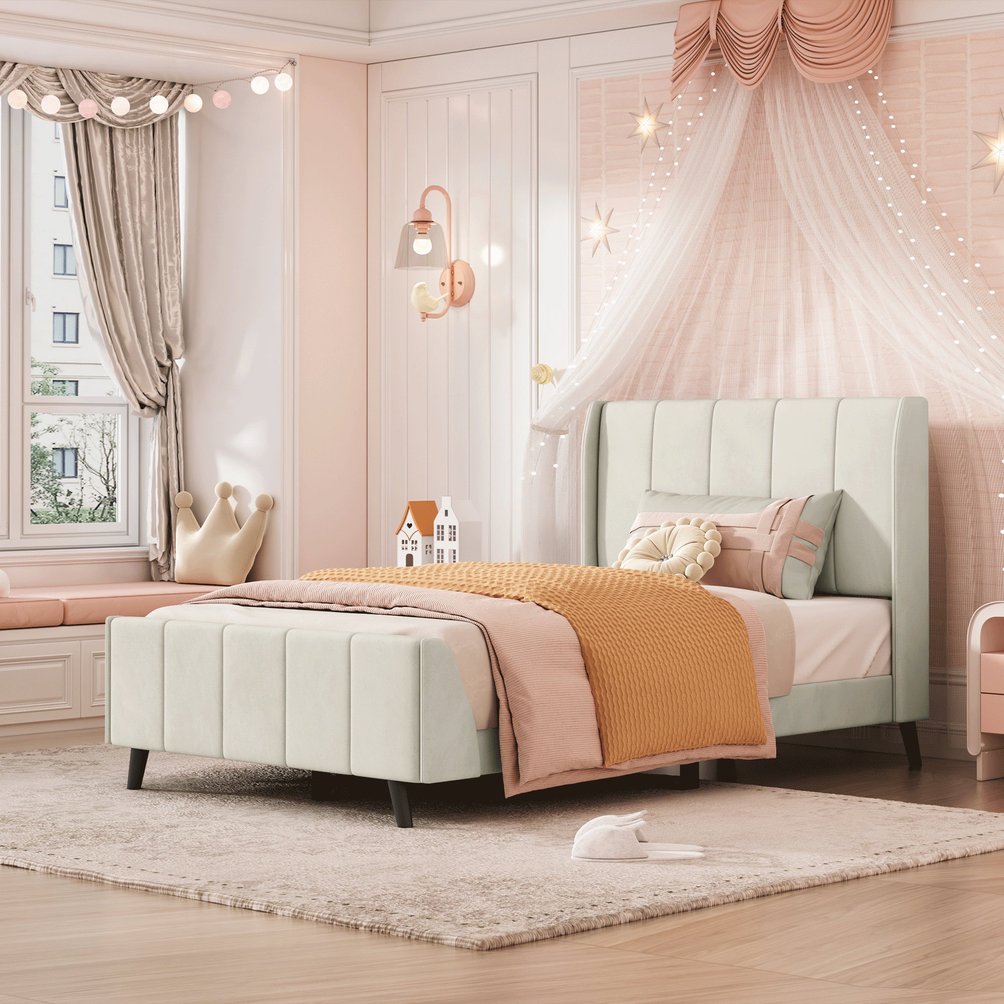 Twin Size Upholstered Platform Bed, Velvet, Beige - Atlantic Fine Furniture Melbourne FL