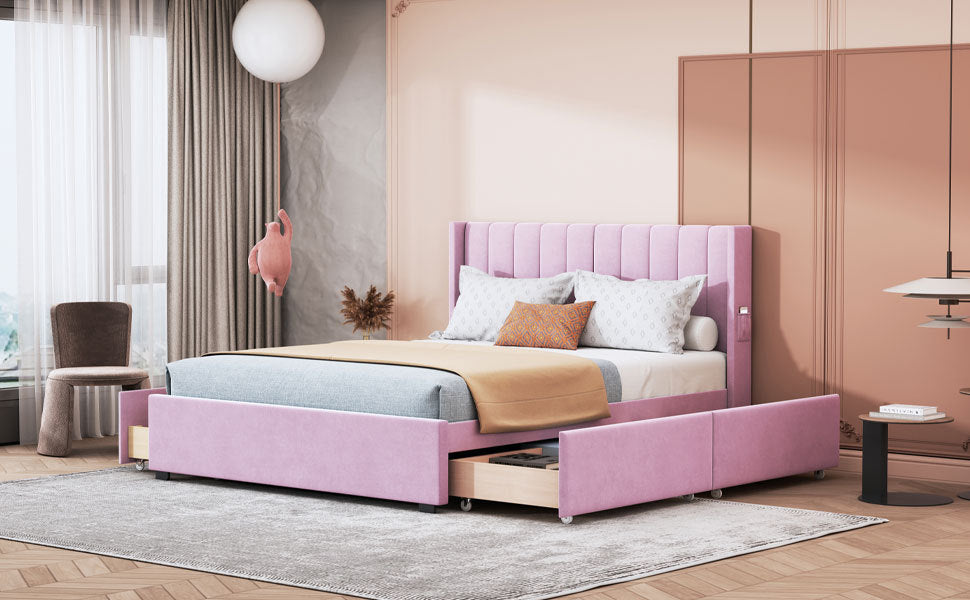 Queen Size Upholstered Bed with 4 Drawers, Pink - Atlantic Fine Furniture Melbourne FL