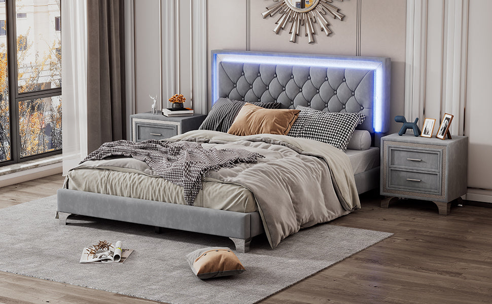 Queen Size Upholstered Bed Frame with LED Lights,Modern Velvet Platform Bed with Tufted Headboard,Gray - Atlantic Fine Furniture Melbourne FL