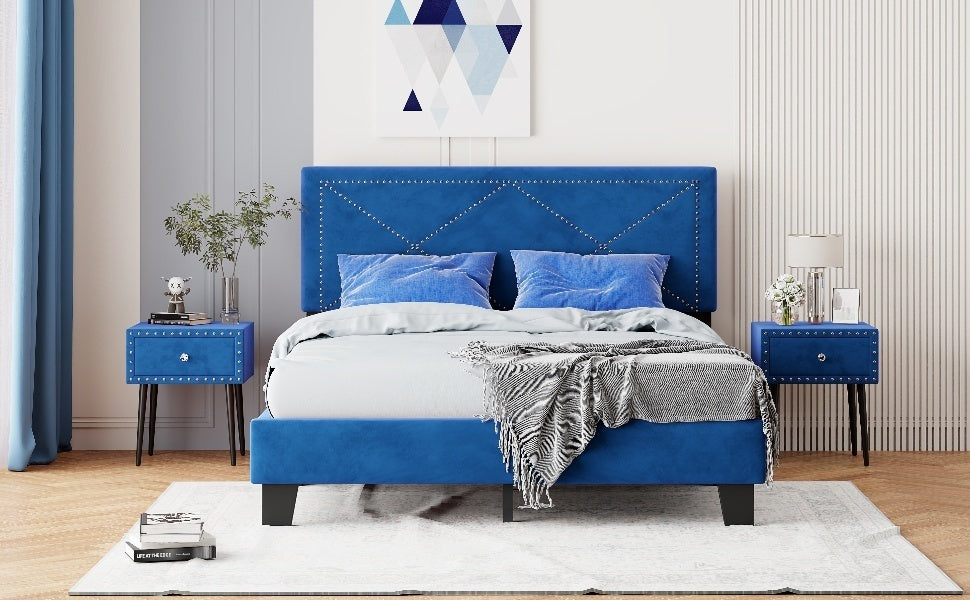 Simple Queen Size Upholstered Bed Frame with Rivet Design, Modern Velvet Platform Bed with headboard, Blue - Atlantic Fine Furniture Melbourne FL