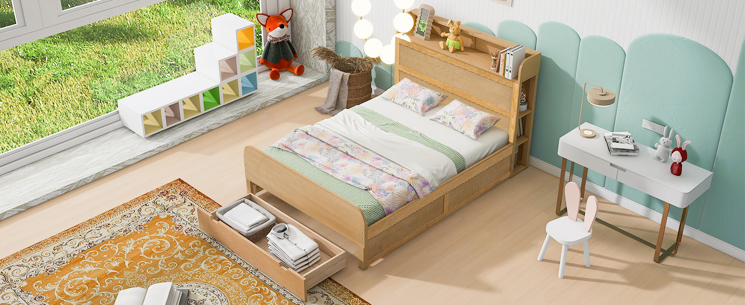 Full Size Platform Bed with Storage Headboard and a Big Drawer, Wood Color - Atlantic Fine Furniture Melbourne FL