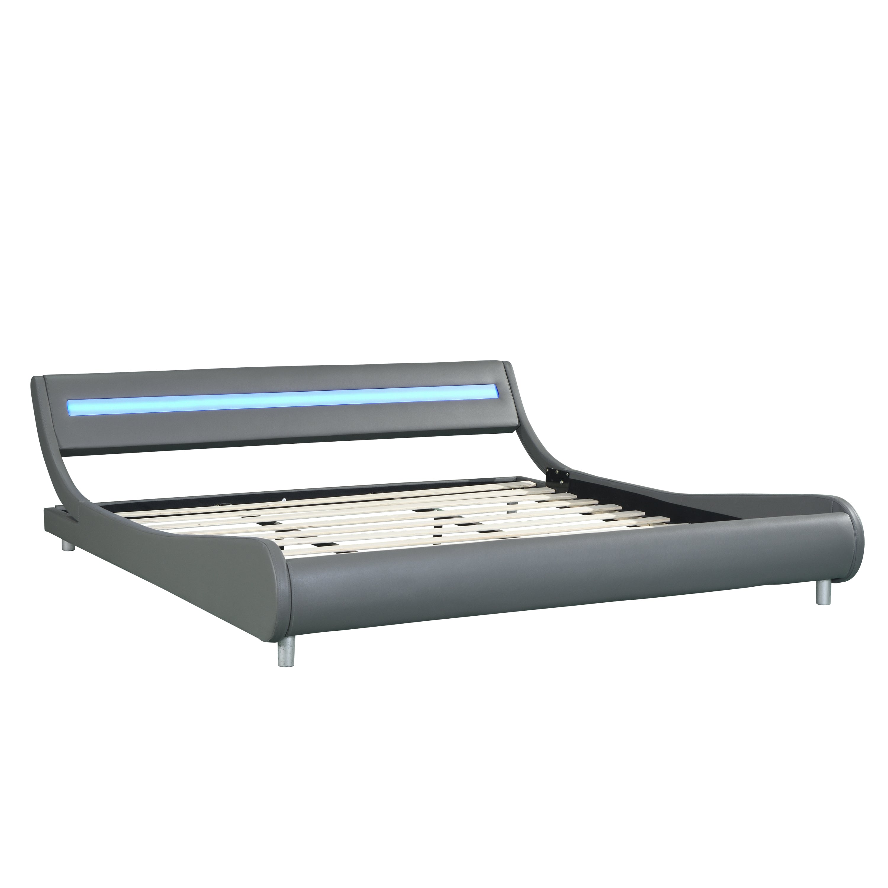 Faux Leather Upholstered Platform Bed Frame with led lighting , Curve Design, Wood Slat Support, No Box Spring Needed, Easy Assemble, King Size, Gray - Atlantic Fine Furniture Melbourne FL