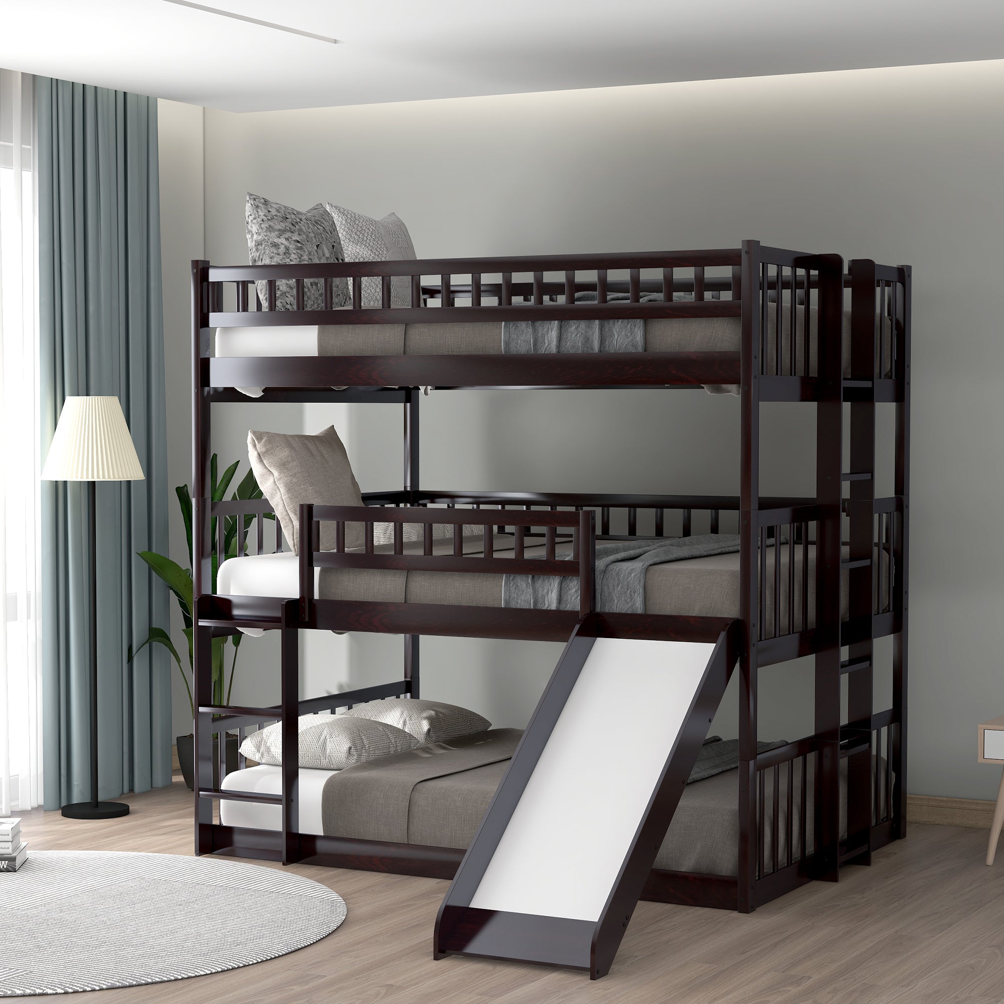 Full-Over-Full-Over-Full Triple Bed with Built-in Ladder and Slide , Triple Bunk Bed with Guardrails, Espresso(OLD SKU :LP000052AAP) - Atlantic Fine Furniture Melbourne FL