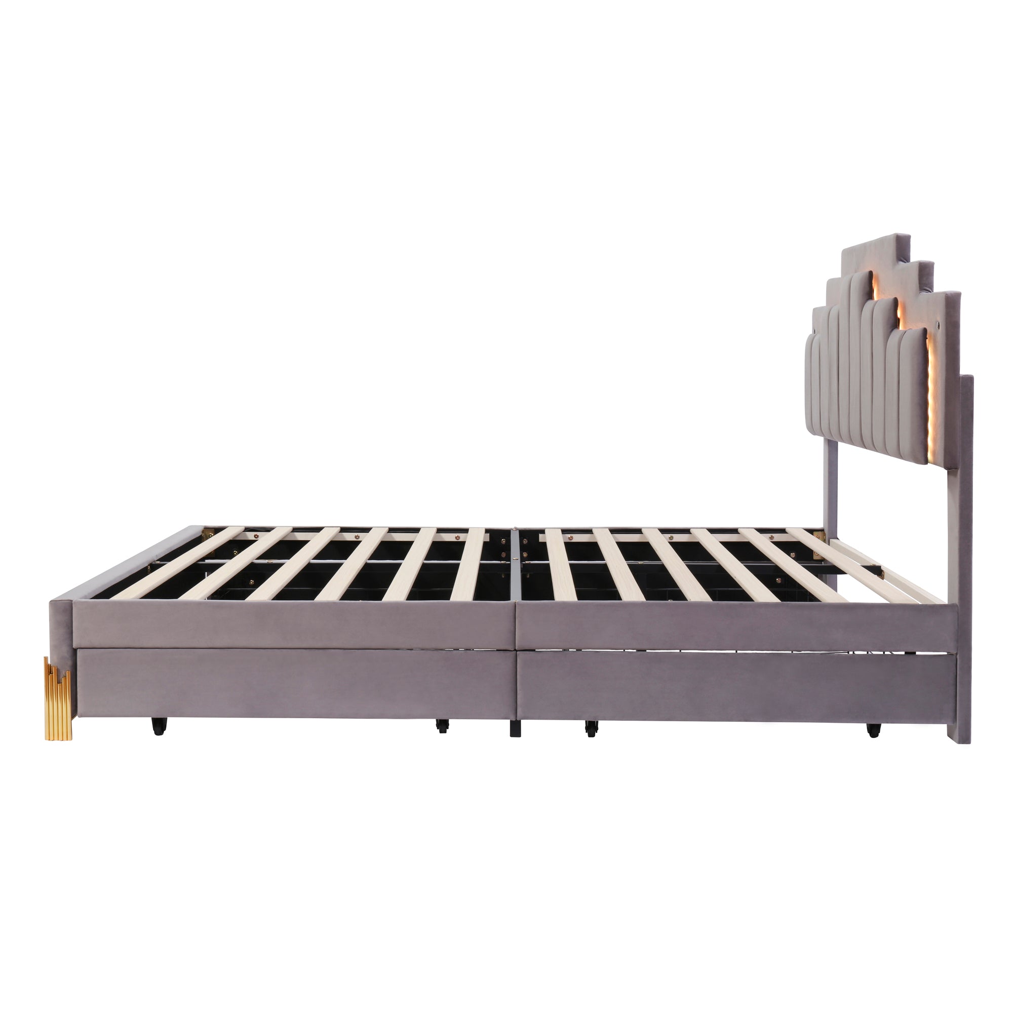 Queen Size Upholstered Platform Bed with LED Lights and 4 Drawers, Stylish Irregular Metal Bed Legs Design, Gray - Atlantic Fine Furniture Melbourne FL