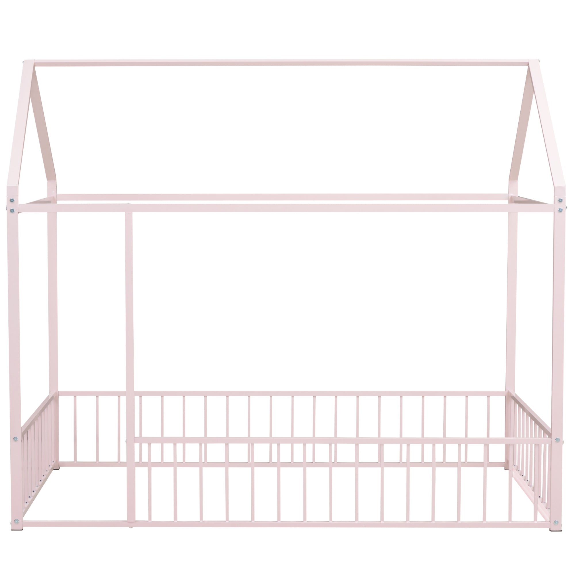 Twin Size Metal Bed House Bed Frame with Fence, for Kids, Teens, Girls, Boys, Pink