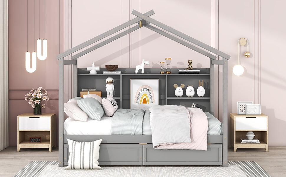 Full Size House Bed with Storage Shelves and 2 Drawers, Brushed Gray - Atlantic Fine Furniture Melbourne FL