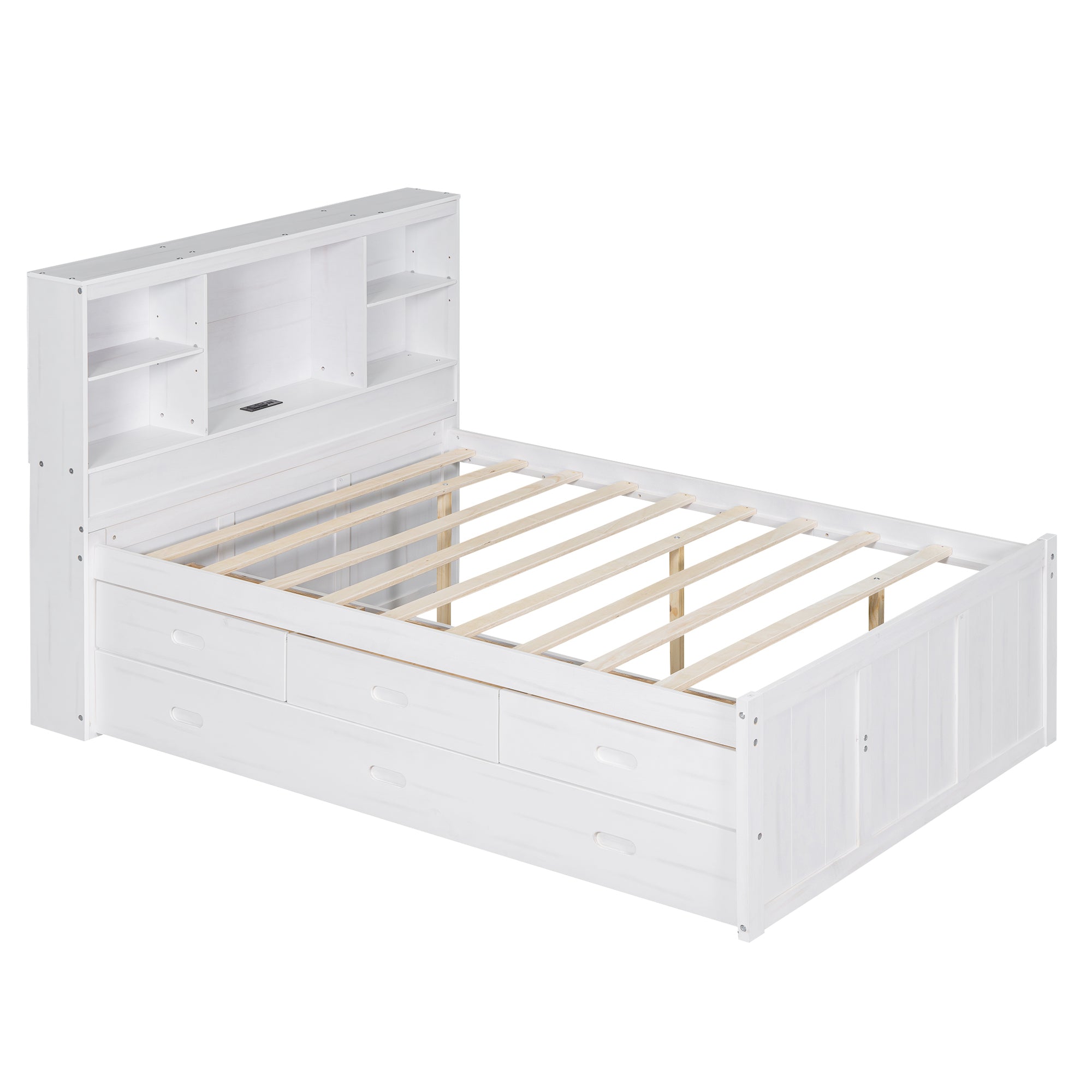 Full Size Platform Bed with Storage Headboard, Charging Station, Twin Size Trundle and 3 Drawers, Antique White - Atlantic Fine Furniture Melbourne FL