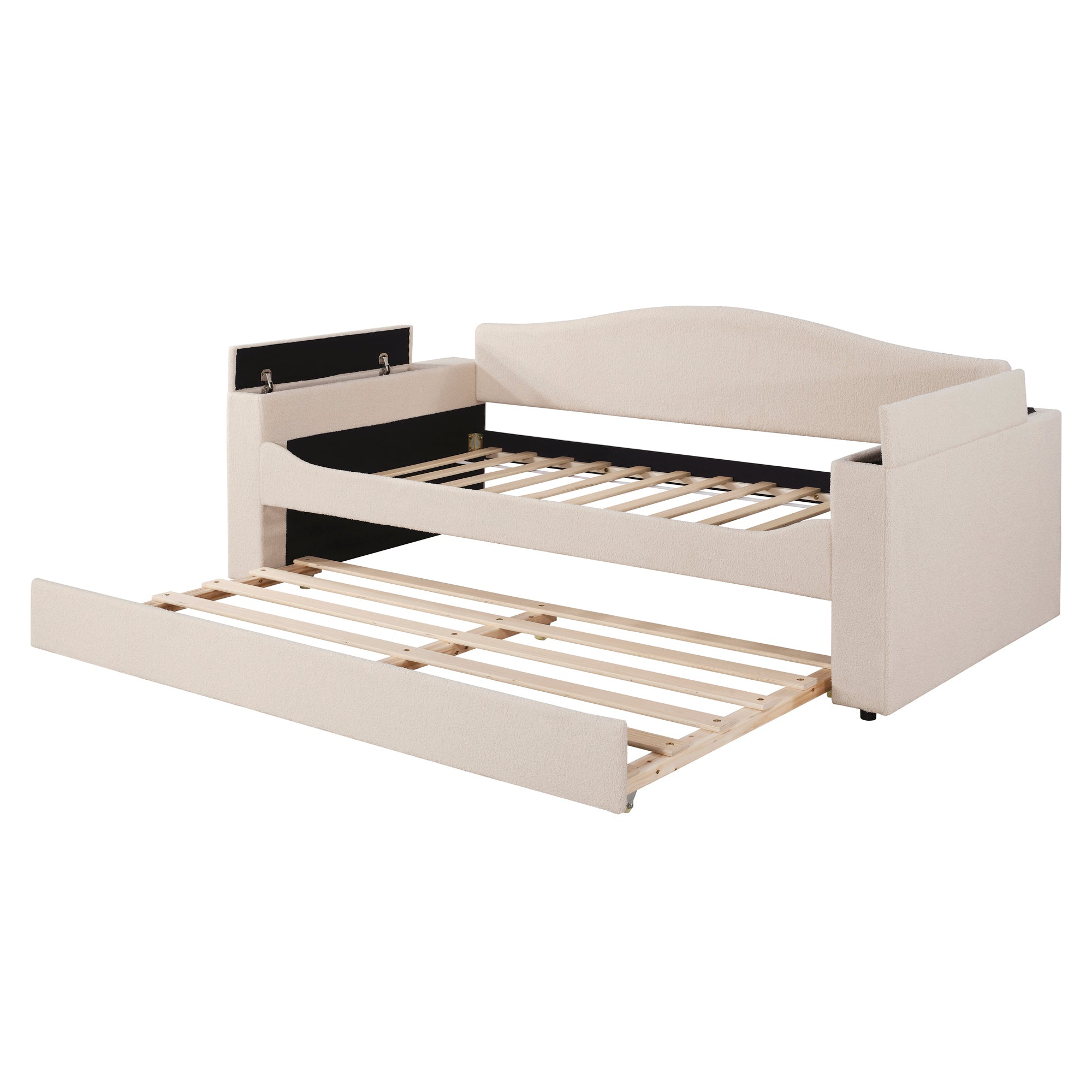 Twin Size Upholstered Daybed with Storage Armrests, Trundle and Latest Integrated Bluetooth Audio System, Teddy Fleece, Beige - Atlantic Fine Furniture Melbourne FL