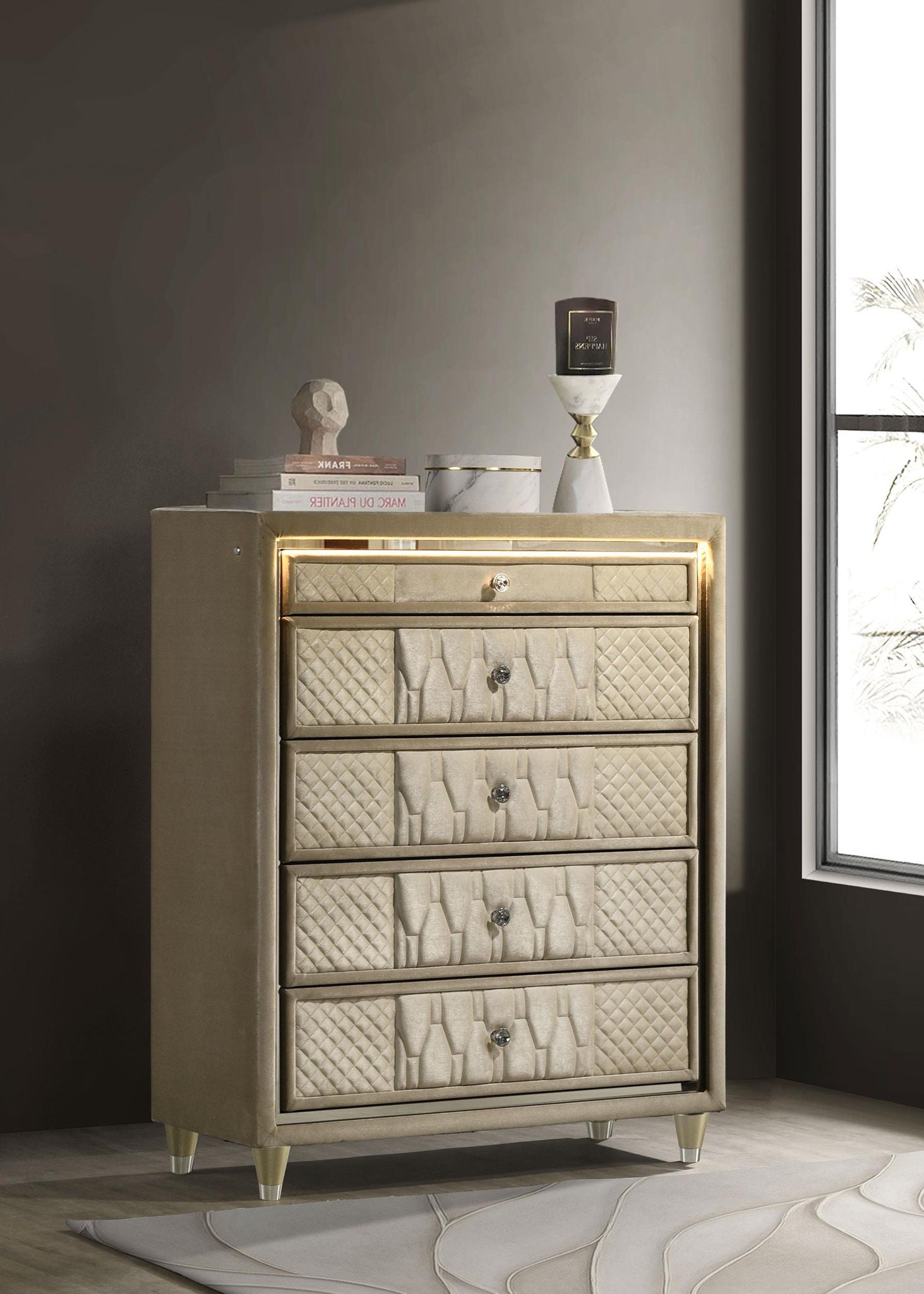 Lorient 5-drawer LED Chest of Drawers Ivory and Camel