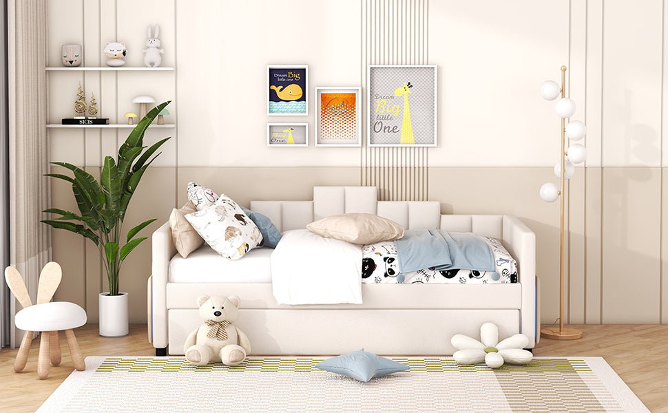 Twin Size Upholstered Daybed with Light and USB Port, Beige - Atlantic Fine Furniture Melbourne FL