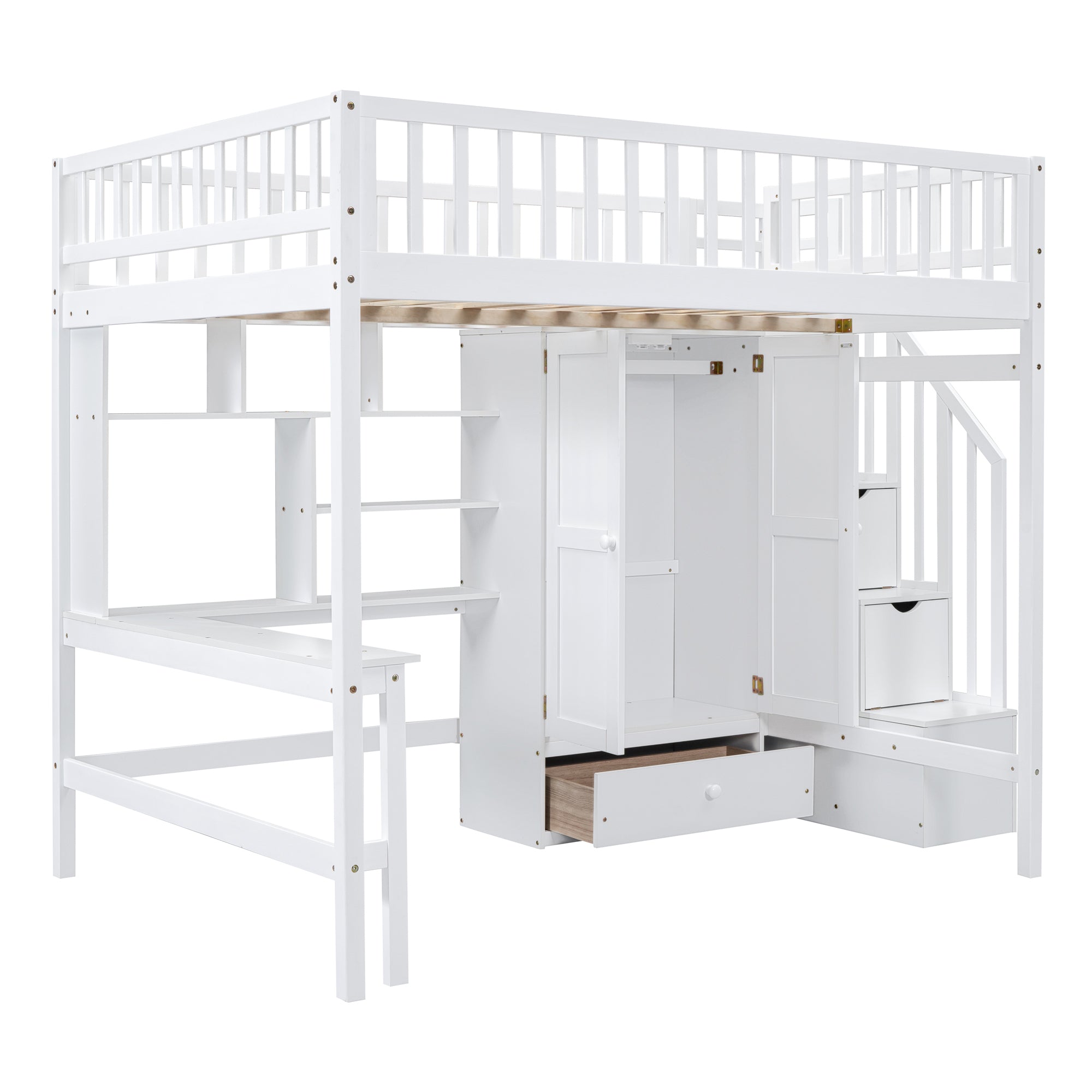 Full size Loft Bed with Bookshelf,Drawers,Desk,and Wardrobe-White - Atlantic Fine Furniture Melbourne FL