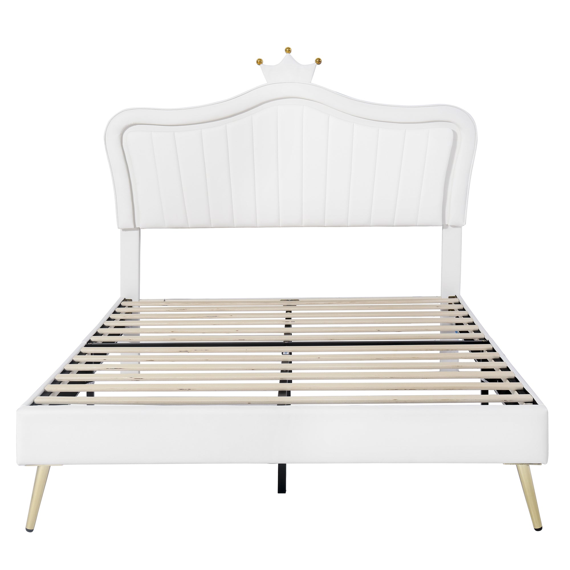 Queen Size Upholstered Bed Frame with LED Lights,Modern Upholstered Princess Bed With Crown Headboard,White