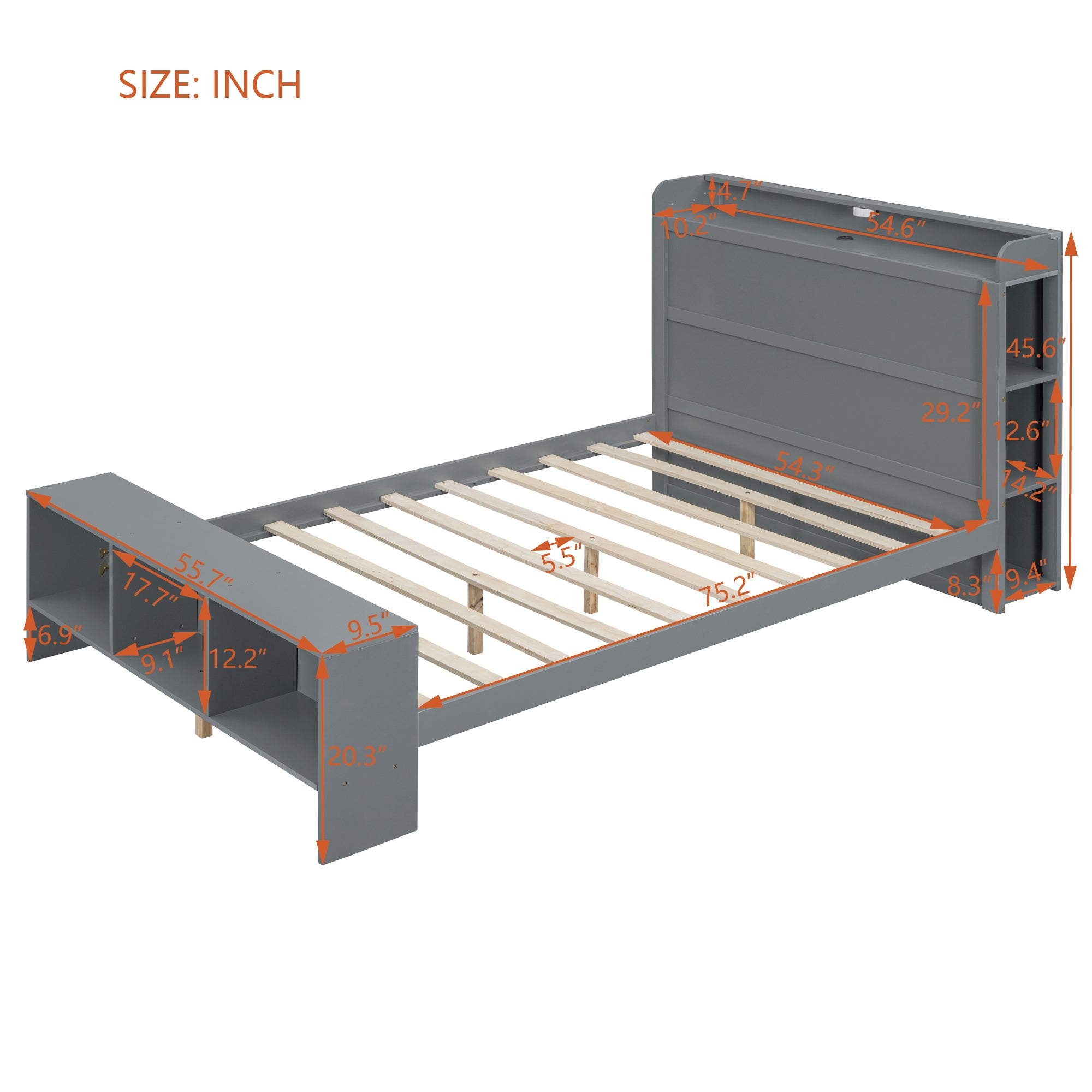 Full Size Platform Bed with built-in shelves, LED Light and USB ports, Gray - Atlantic Fine Furniture Melbourne FL