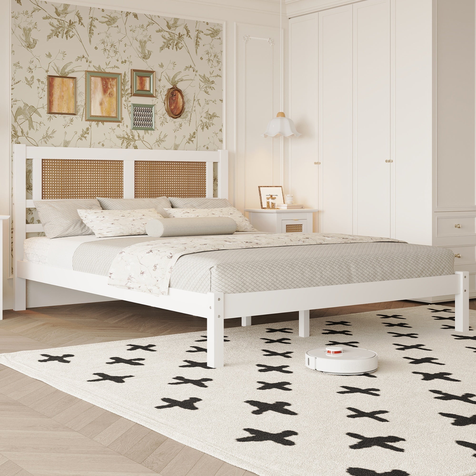 Queen Size Wood Platform Bed with Natural Rattan Headboard,Exquisite Elegance with Minimalist Charm for Bedroom,White - Atlantic Fine Furniture Melbourne FL