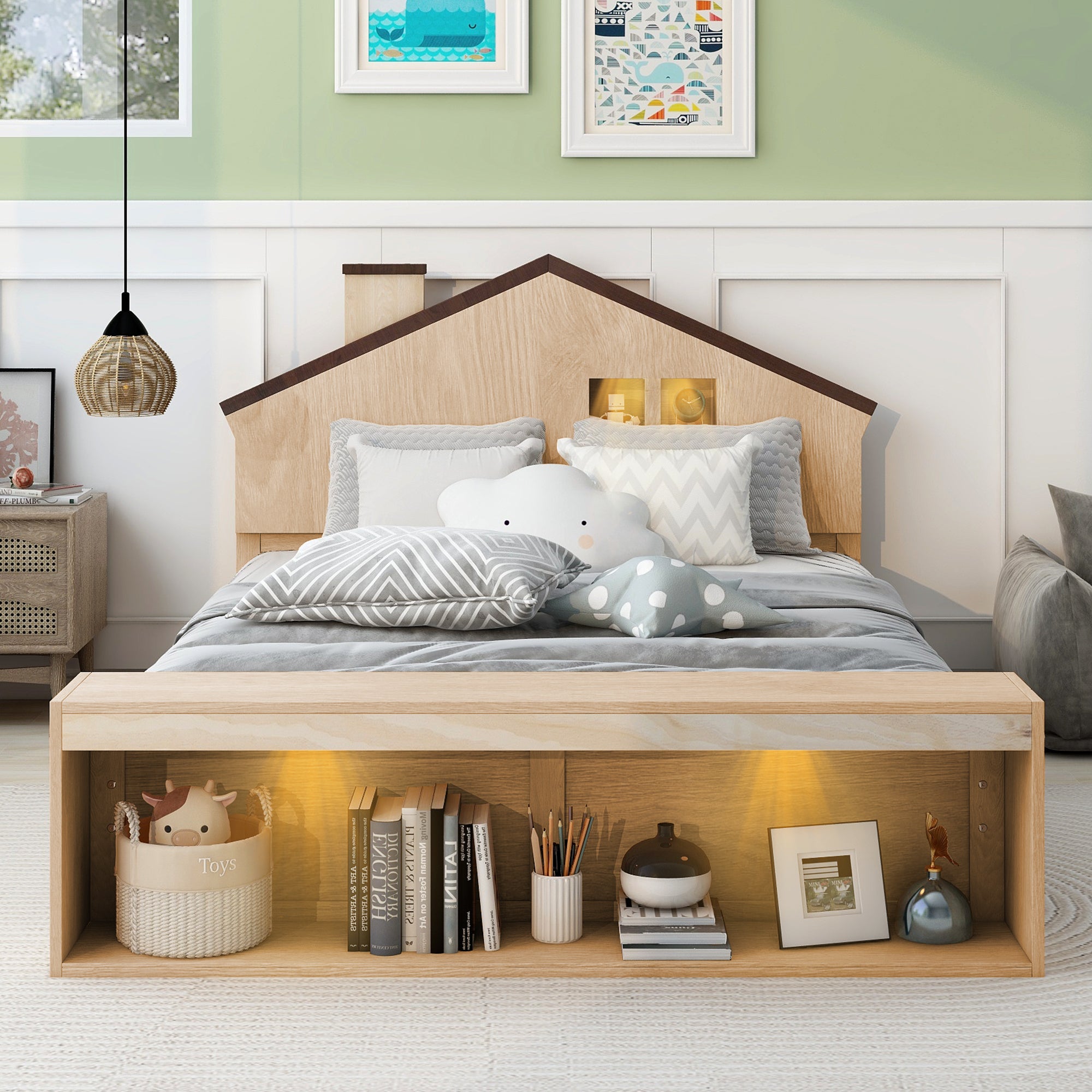 Full Size House Platform Bed with LED Lights and Storage, Wood Color - Atlantic Fine Furniture Melbourne FL